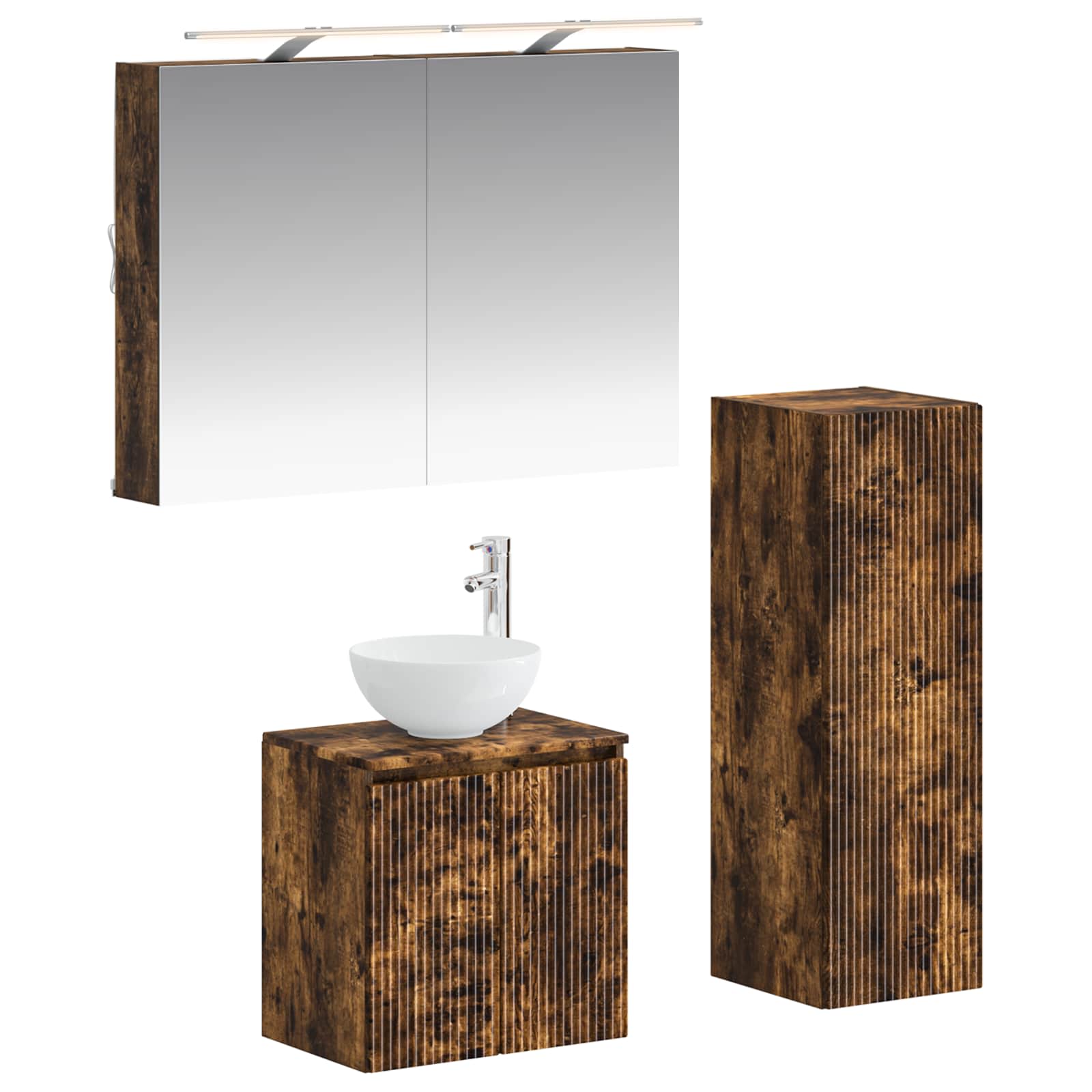 Badkamermeubelset 4 pcs Gerookt eiken Bewerkt hout en glas is nu te koop bij PeponiXL, paradijselijk wonen!