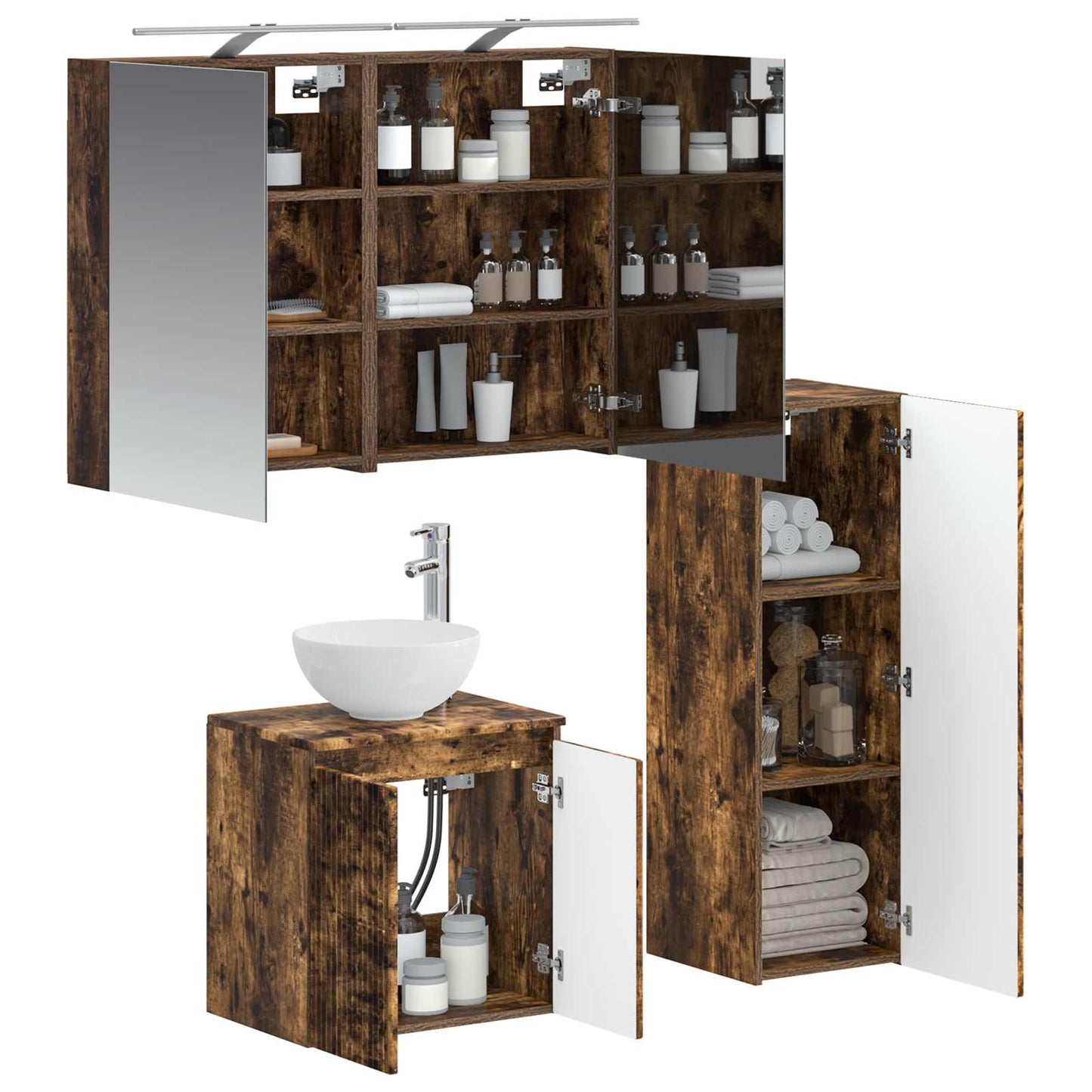 Badkamermeubelset 4 pcs Gerookt eiken Bewerkt hout en glas is nu te koop bij PeponiXL, paradijselijk wonen!