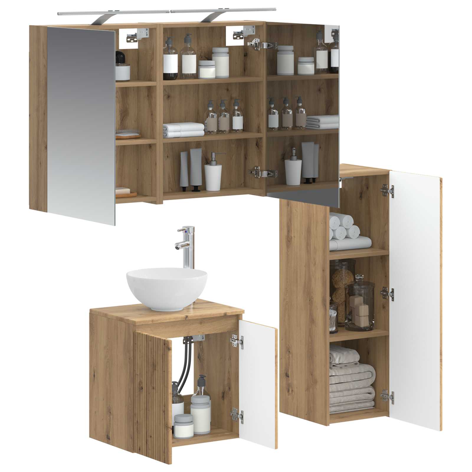 Badkamermeubelset 4 st Artisanaal eiken Bewerkt hout en glas is nu te koop bij PeponiXL, paradijselijk wonen!