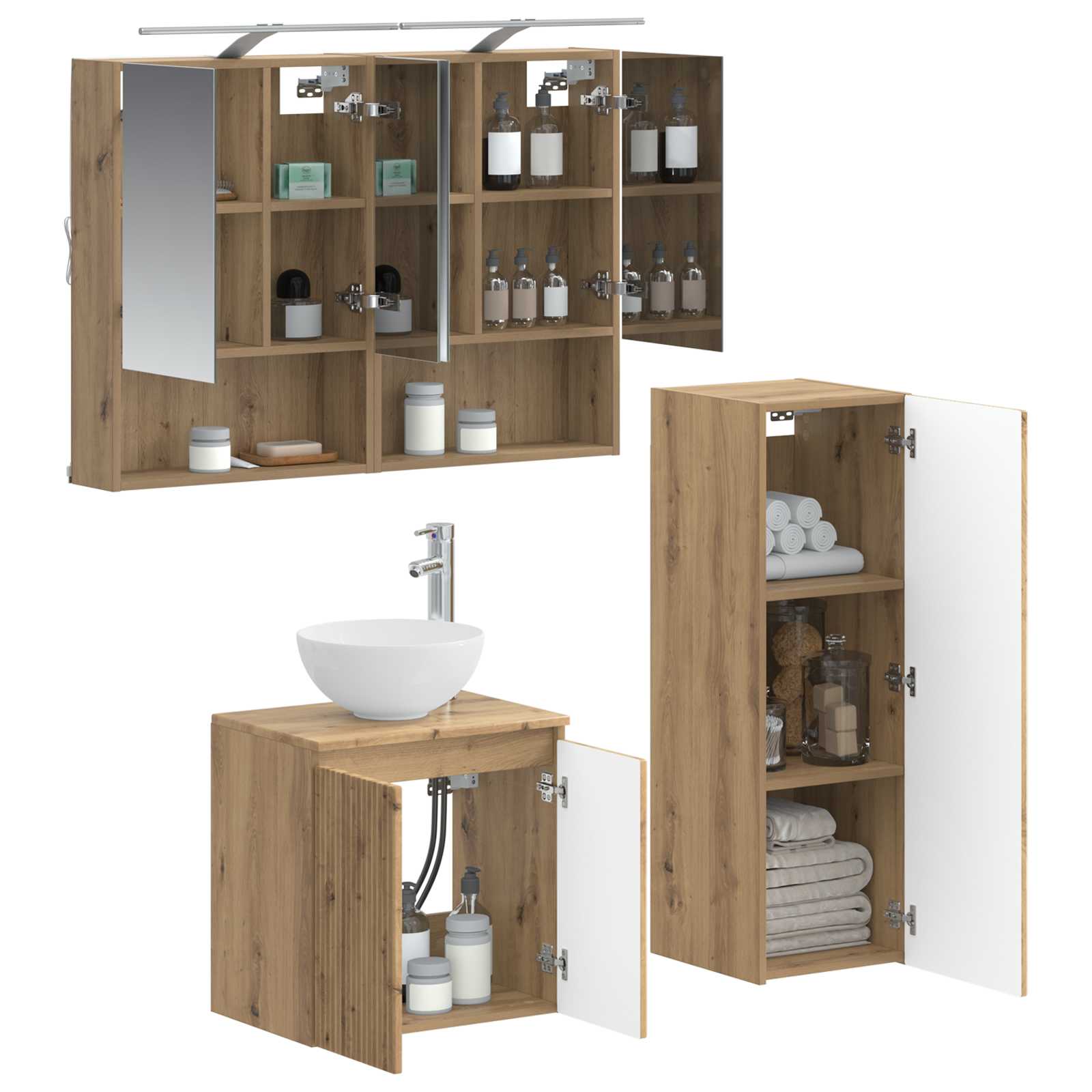 Badkamermeubelset 4 st Artisanaal eiken Bewerkt hout en glas is nu te koop bij PeponiXL, paradijselijk wonen!