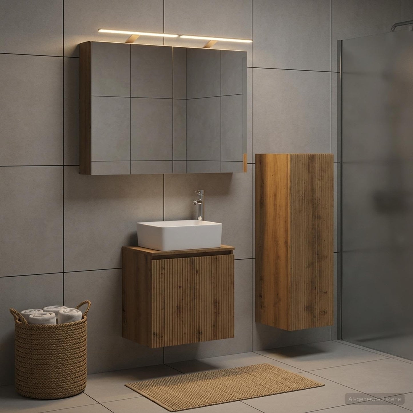 Badkamermeubelset 4 st Artisanaal eiken Bewerkt hout en glas is nu te koop bij PeponiXL, paradijselijk wonen!