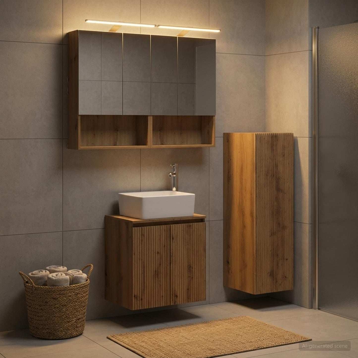 Badkamermeubelset 4 st Artisanaal eiken Bewerkt hout en glas is nu te koop bij PeponiXL, paradijselijk wonen!