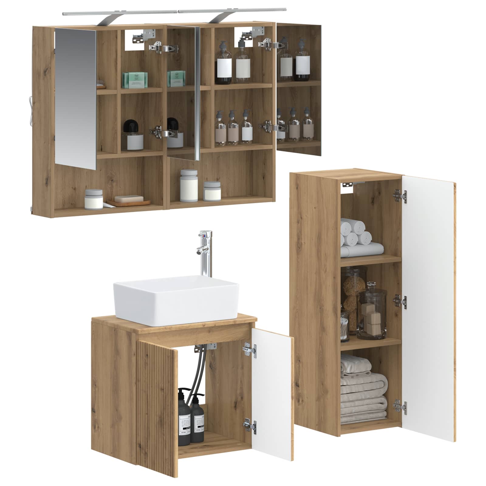 Badkamermeubelset 4 st Artisanaal eiken Bewerkt hout en glas is nu te koop bij PeponiXL, paradijselijk wonen!