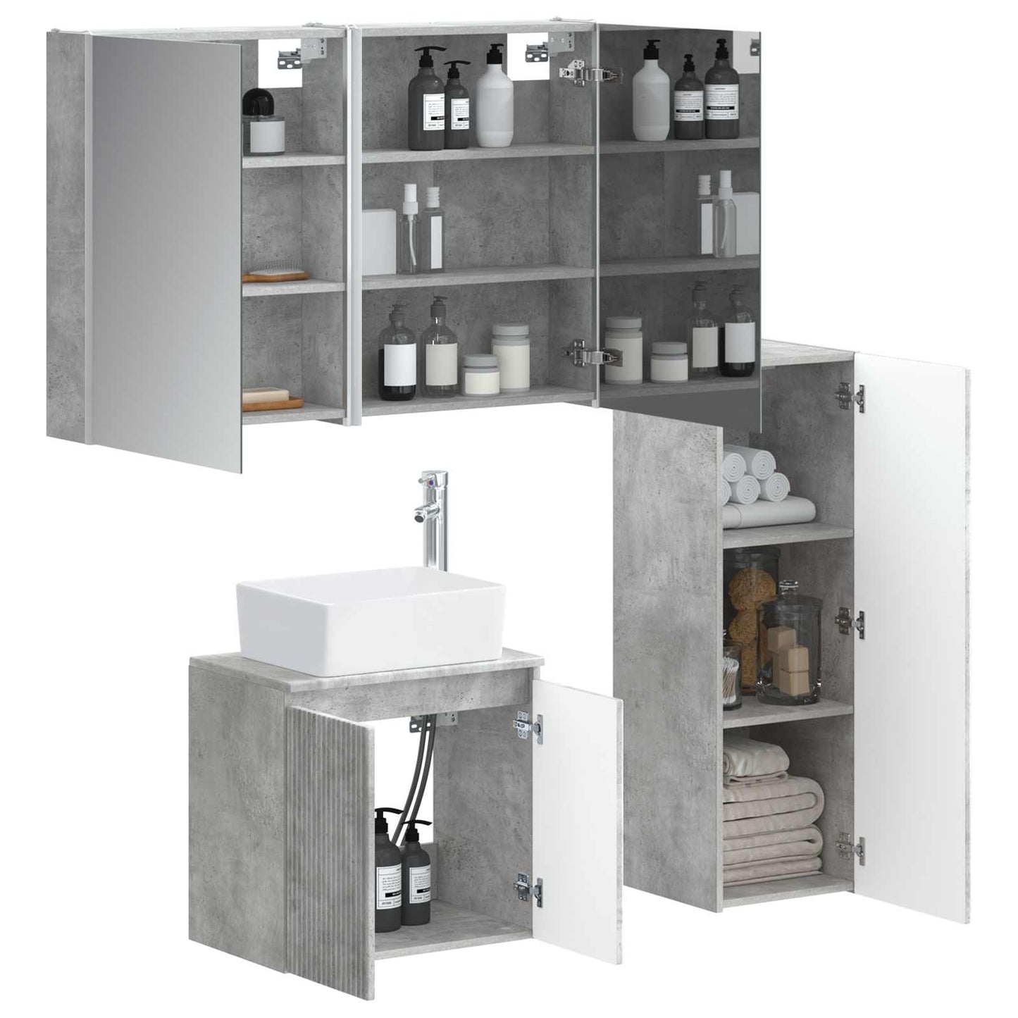 Badkamermeubelset 4 pcs Betongrijs Bewerkt hout en glas is nu te koop bij PeponiXL, paradijselijk wonen!