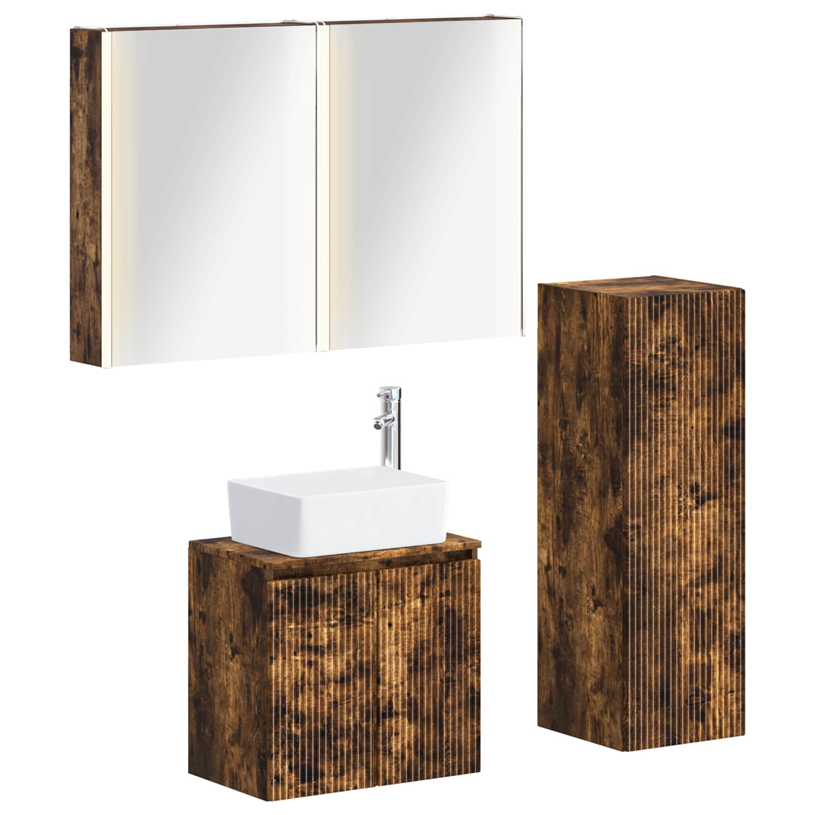 Badkamermeubelset 4 pcs Gerookt eiken Bewerkt hout en glas is nu te koop bij PeponiXL, paradijselijk wonen!