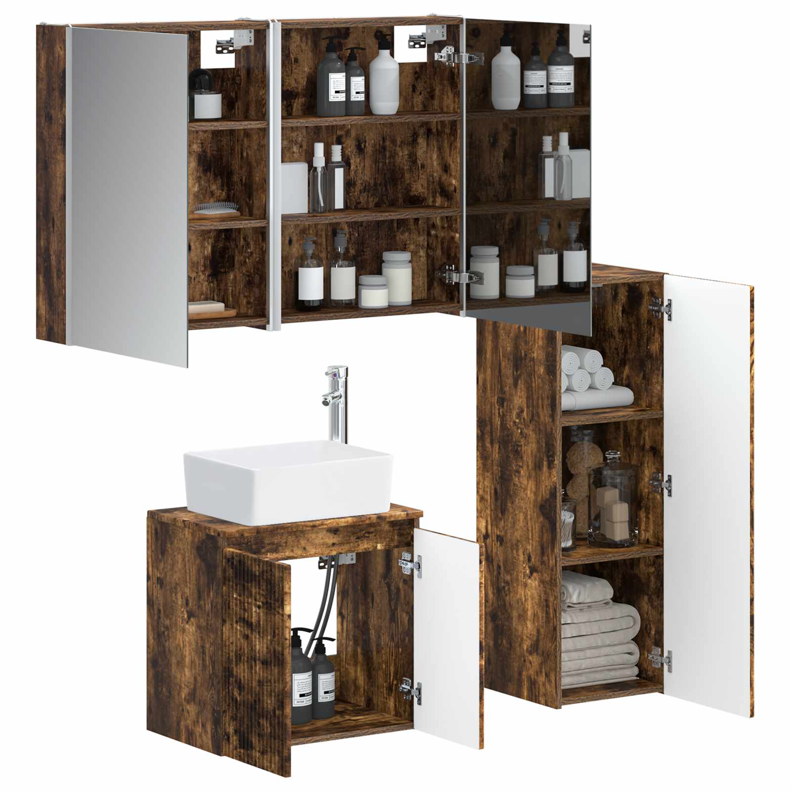 Badkamermeubelset 4 pcs Gerookt eiken Bewerkt hout en glas is nu te koop bij PeponiXL, paradijselijk wonen!