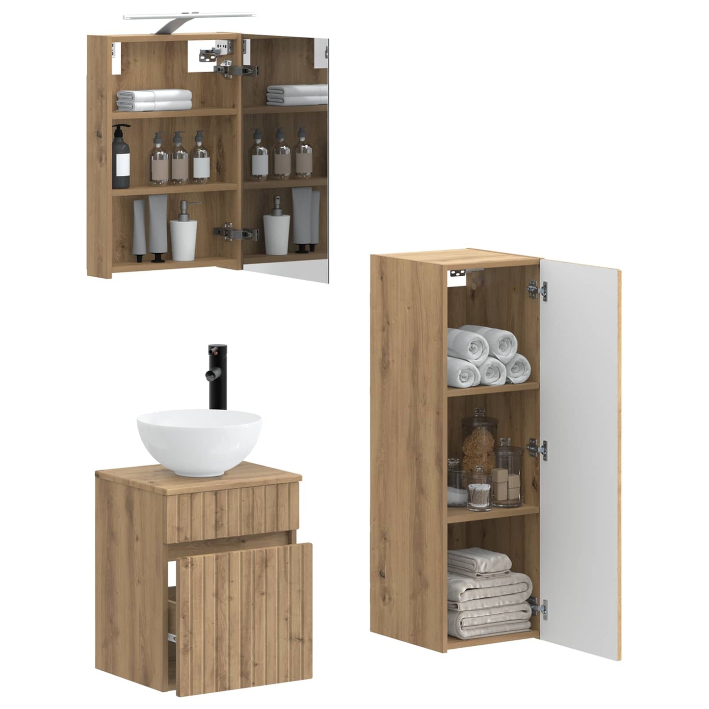 Badkamermeubelset 4 st Artisanaal eiken Bewerkt hout en glas is nu te koop bij PeponiXL, paradijselijk wonen!