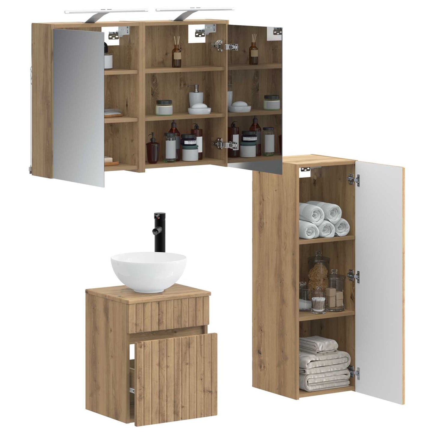Badkamermeubelset 4 st Artisanaal eiken Bewerkt hout en glas is nu te koop bij PeponiXL, paradijselijk wonen!