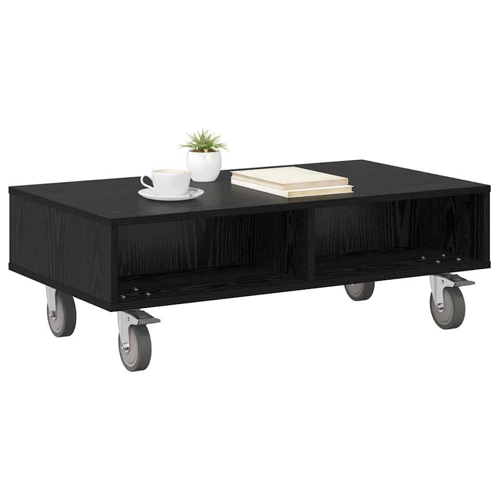 Bijzettafel met wielen Zwart Eiken 90 x 50 x 30 cm Bewerkt hout is nu te koop bij PeponiXL, paradijselijk wonen!
