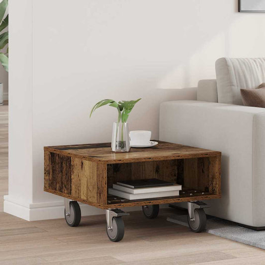 Bijzettafel met wielen Oudhout 50,5 x 50 x 30 cm Bewerkt hout is nu te koop bij PeponiXL, paradijselijk wonen!