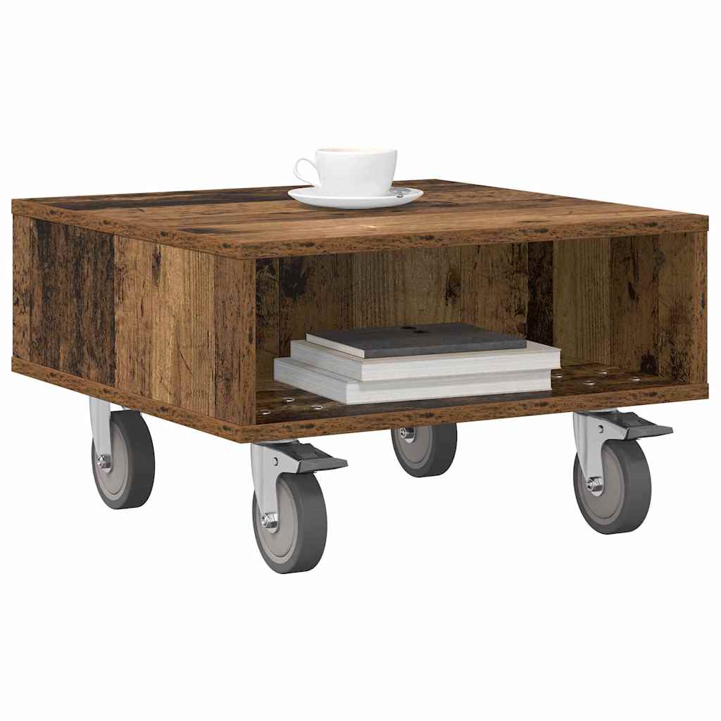 Bijzettafel met wielen Oudhout 50,5 x 50 x 30 cm Bewerkt hout is nu te koop bij PeponiXL, paradijselijk wonen!