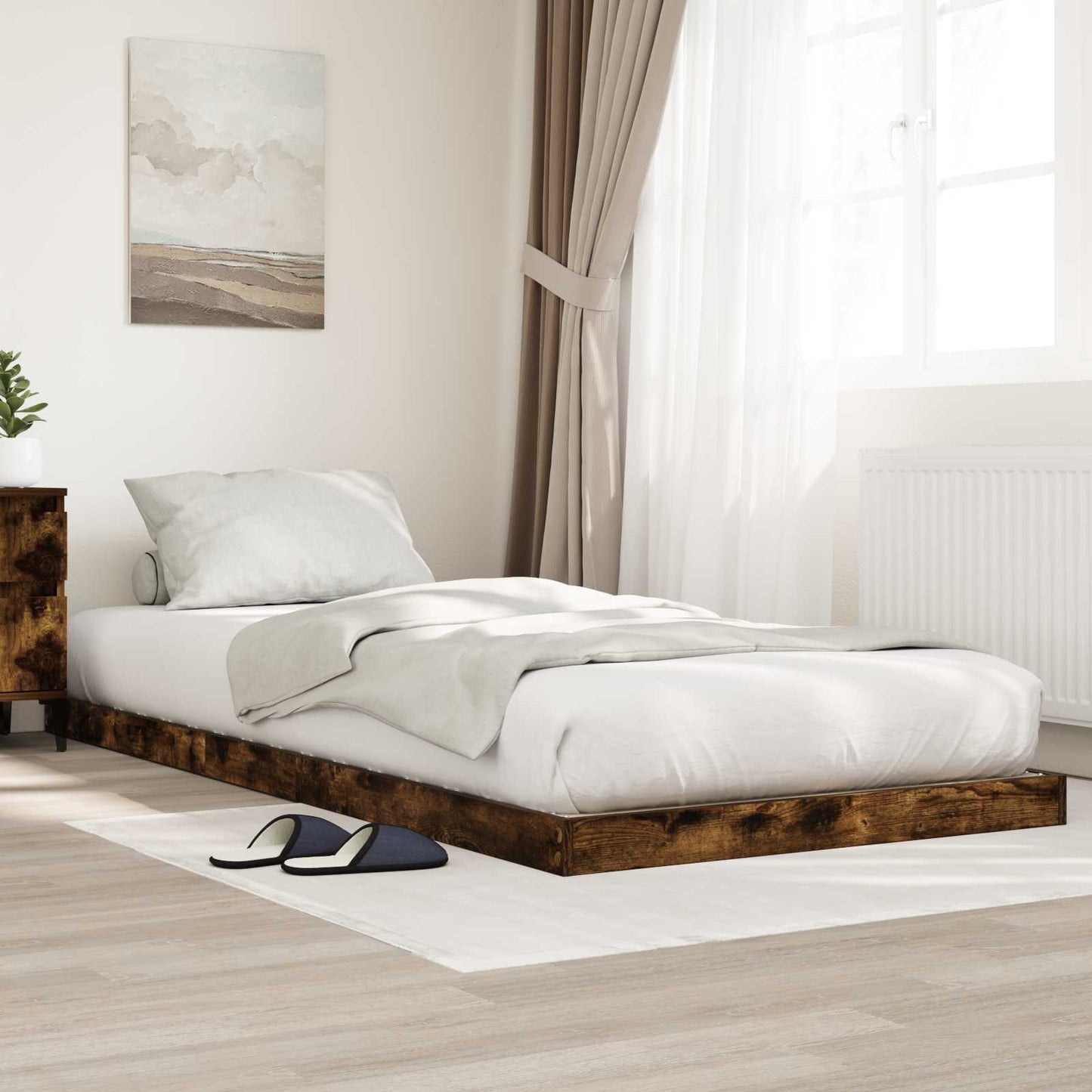 Vloer bedframe Gerookt eiken 90 x 190 cm Bewerkt hout is nu te koop bij PeponiXL, paradijselijk wonen!