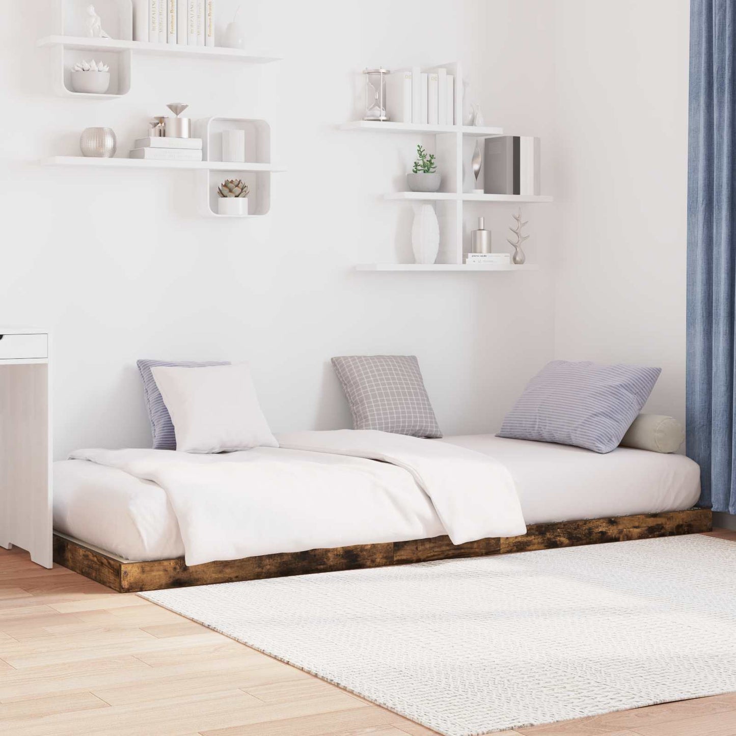 Vloer bedframe Gerookt eiken 90 x 190 cm Bewerkt hout is nu te koop bij PeponiXL, paradijselijk wonen!