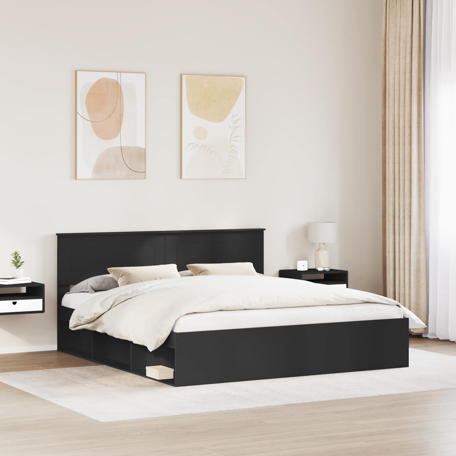 Bedframe met hoofdeinde Zwart 200 x 200 cm Bewerkt hout is nu te koop bij PeponiXL, paradijselijk wonen!