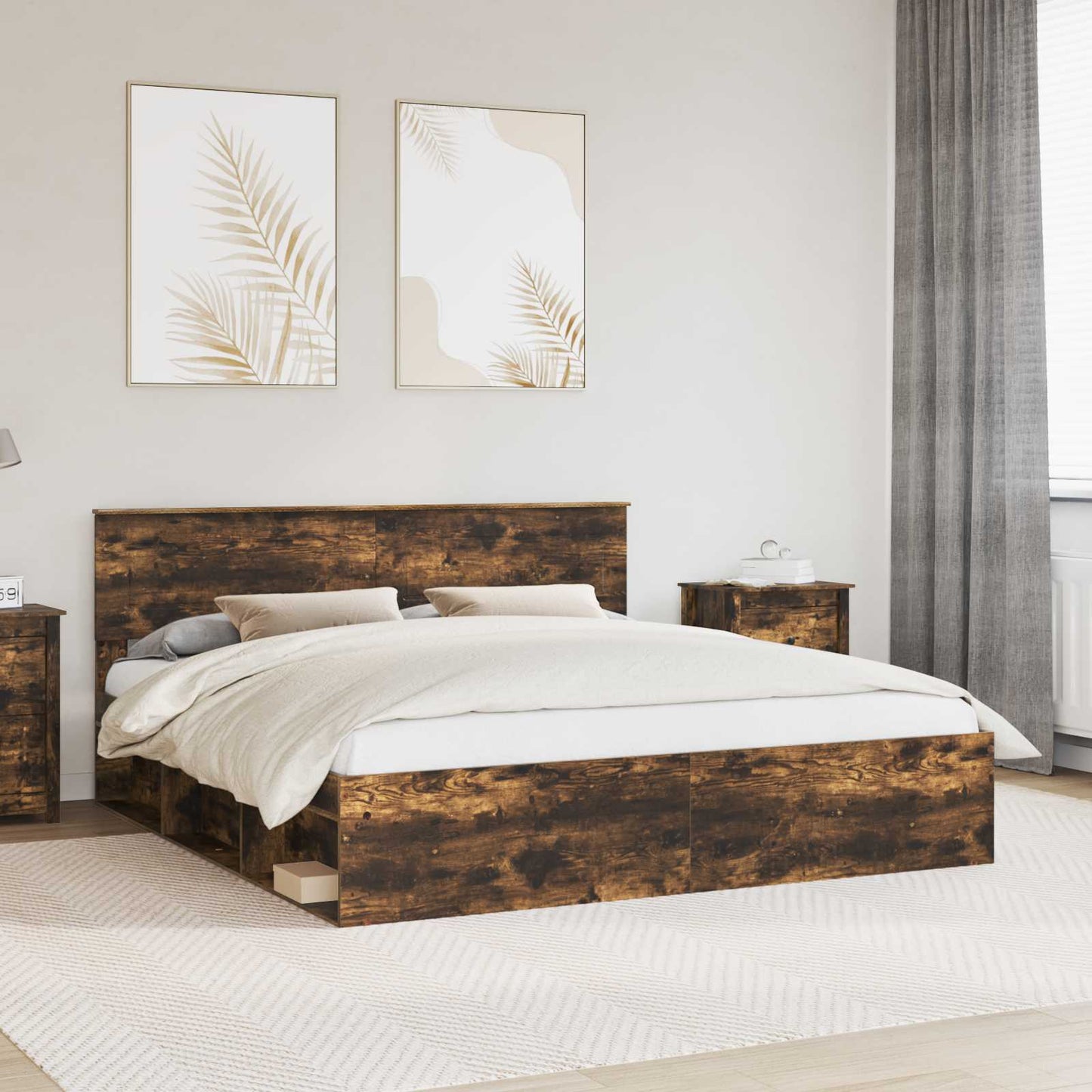 Bedframe met hoofdeinde Gerookt eiken 180 x 200 cm Bewerkt hout is nu te koop bij PeponiXL, paradijselijk wonen!