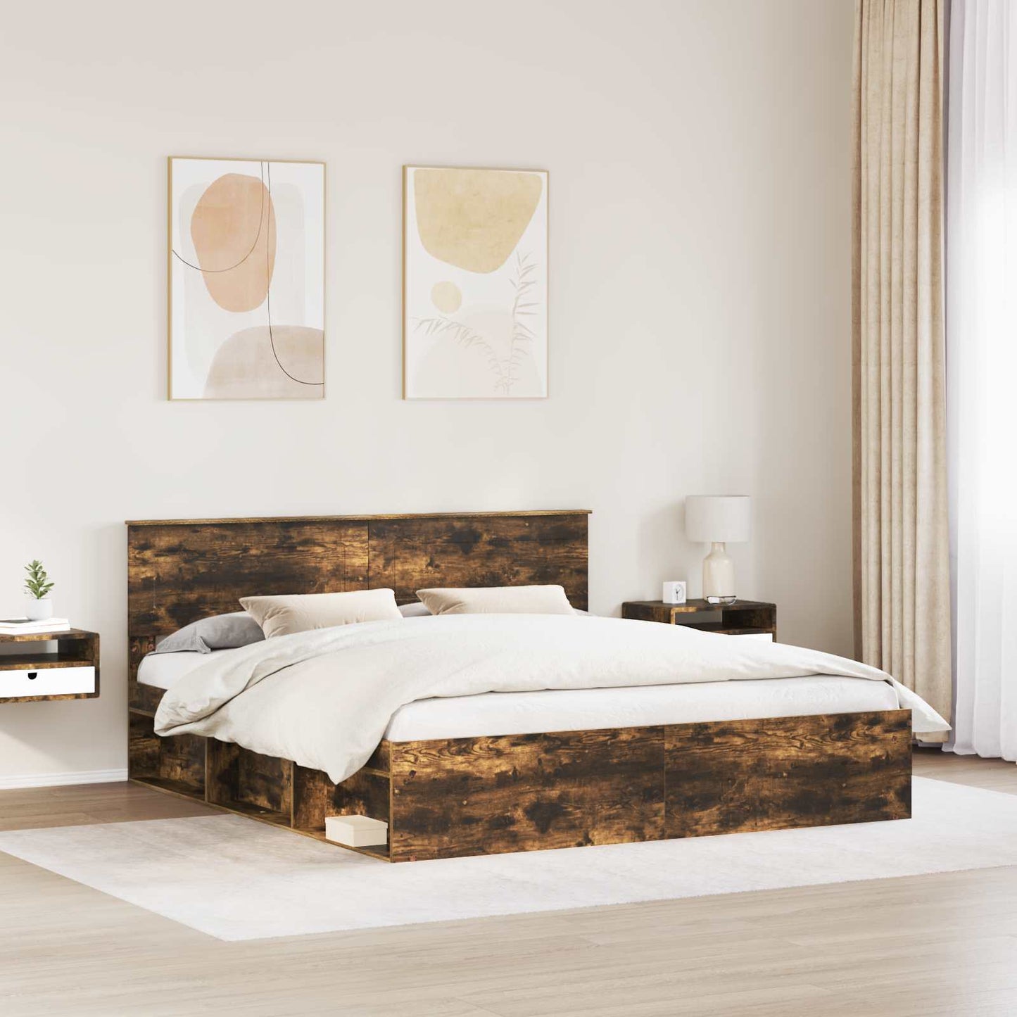 Bedframe met hoofdeinde Gerookt eiken 180 x 200 cm Bewerkt hout is nu te koop bij PeponiXL, paradijselijk wonen!