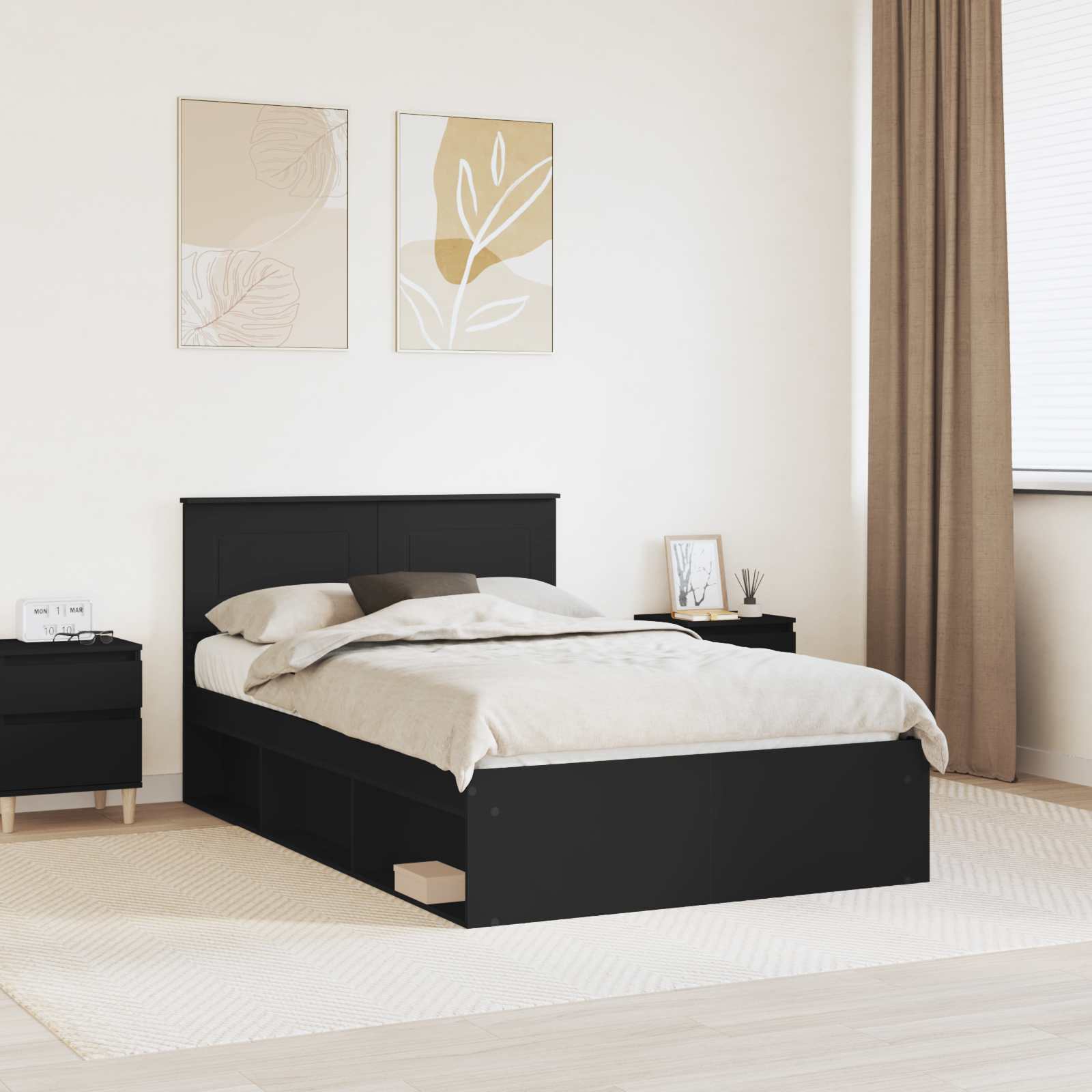 Bedframe met hoofdeinde Zwart 135 x 190 cm Bewerkt hout is nu te koop bij PeponiXL, paradijselijk wonen!
