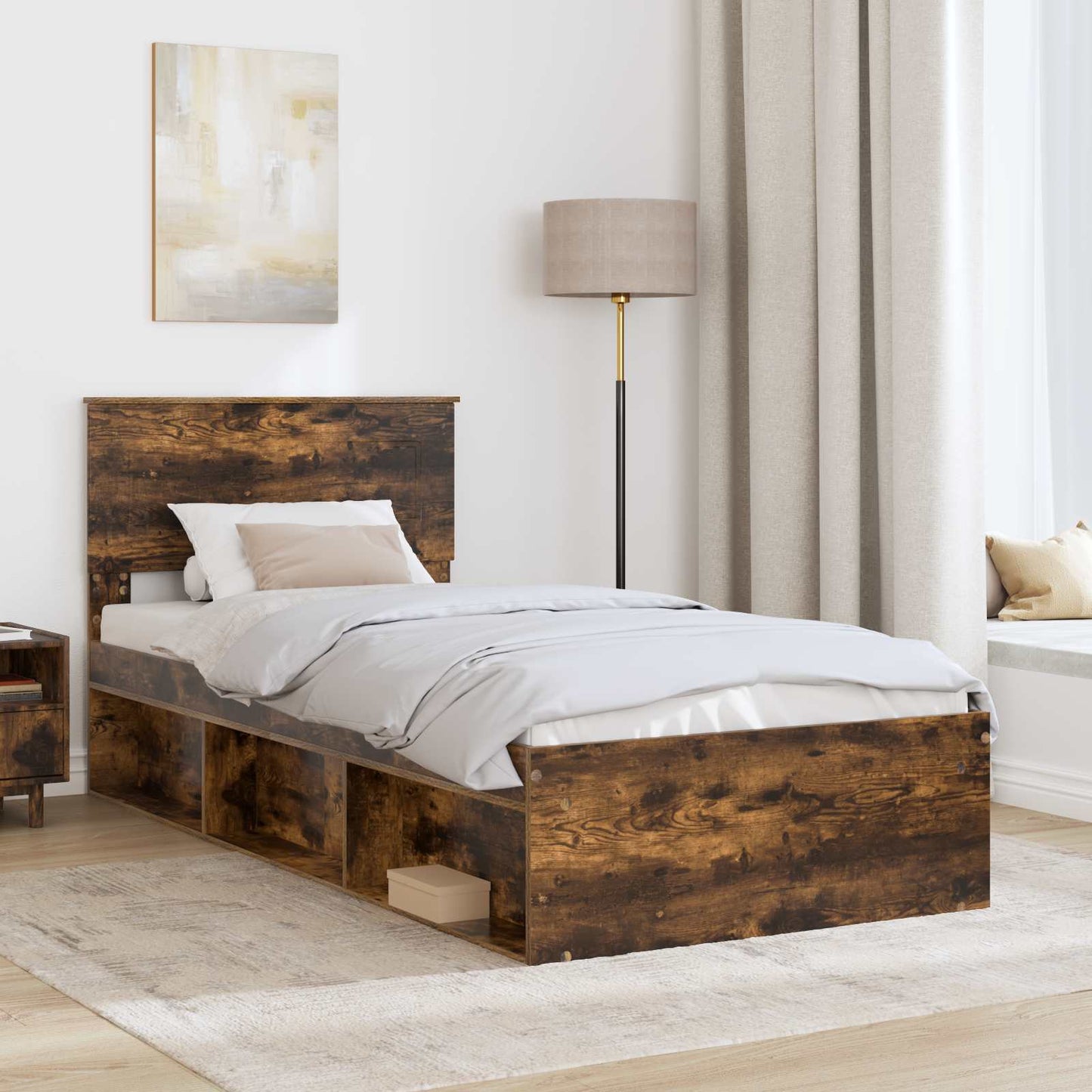 Bedframe met hoofdeinde Gerookt eiken 100 x 200 cm Bewerkt hout is nu te koop bij PeponiXL, paradijselijk wonen!