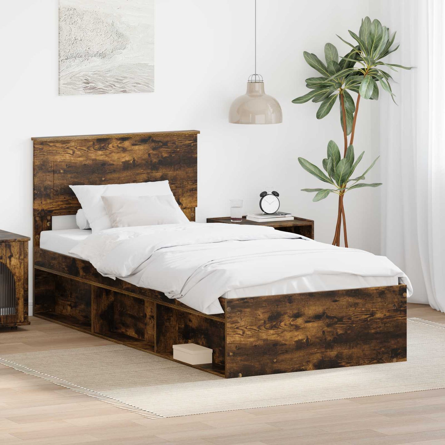 Bedframe met hoofdeinde Gerookt eiken 90 x 190 cm Bewerkt hout is nu te koop bij PeponiXL, paradijselijk wonen!