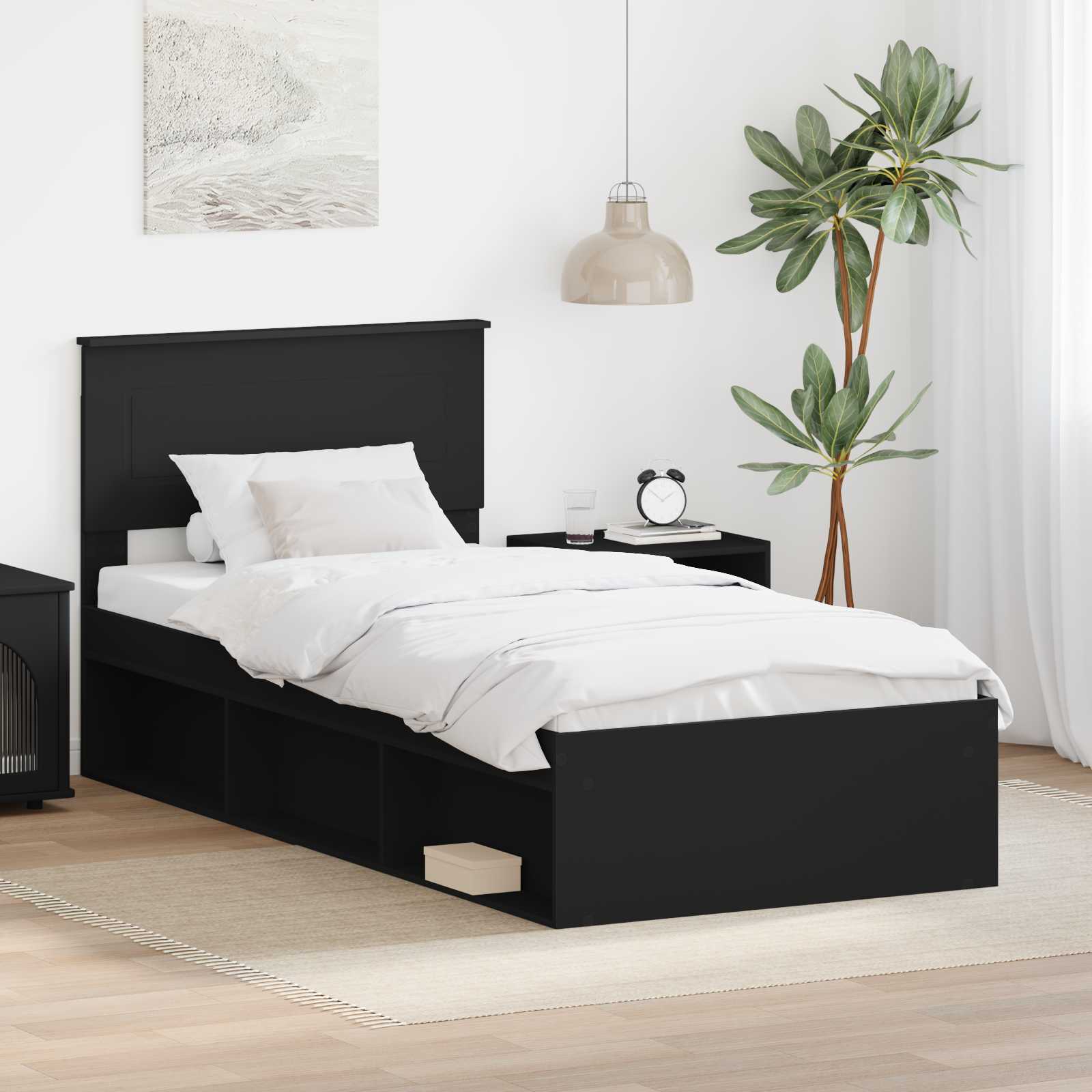 Bedframe met hoofdeinde Zwart 75 x 190 cm Bewerkt hout is nu te koop bij PeponiXL, paradijselijk wonen!