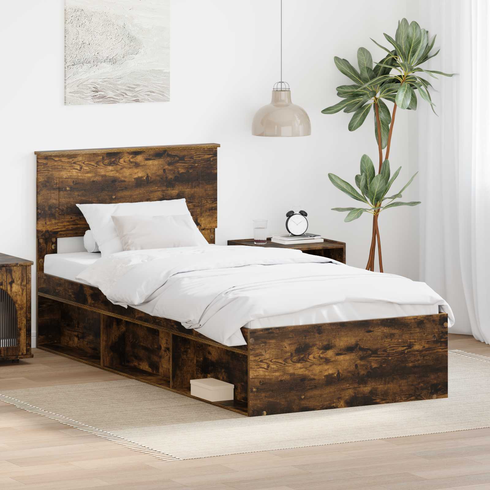 Bedframe met hoofdeinde Gerookt eiken 75 x 190 cm Bewerkt hout is nu te koop bij PeponiXL, paradijselijk wonen!