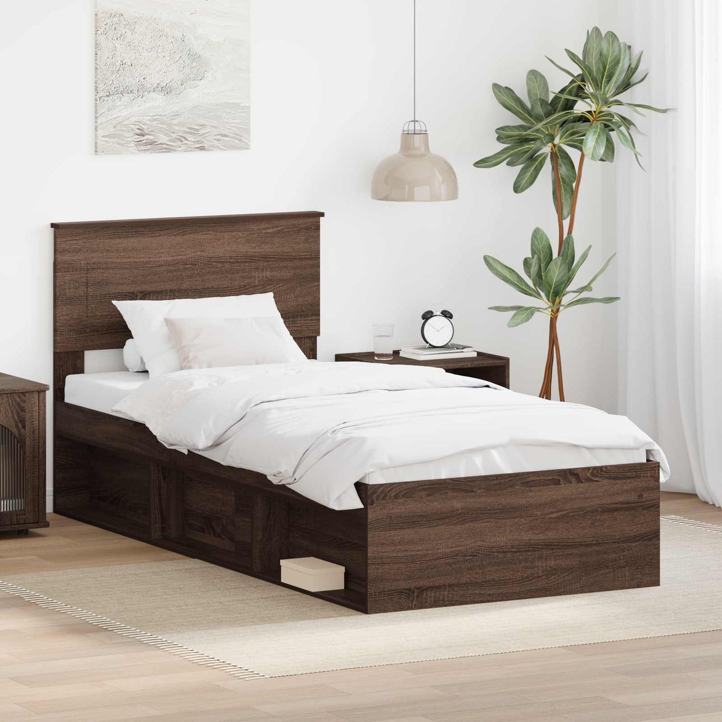 Bedframe met hoofdeinde Bruin Eiken 75 x 190 cm Bewerkt hout is nu te koop bij PeponiXL, paradijselijk wonen!