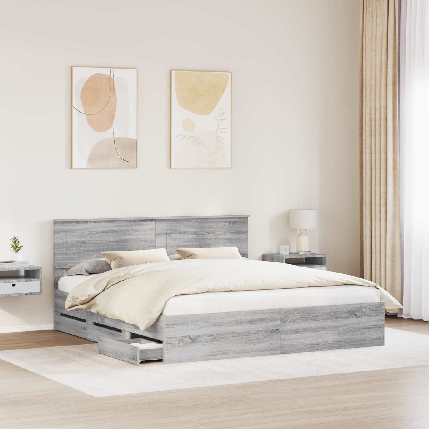 Bedframe met lade Grijs Sonoma 200 x 200 cm Ingenieurshout is nu te koop bij PeponiXL, paradijselijk wonen!