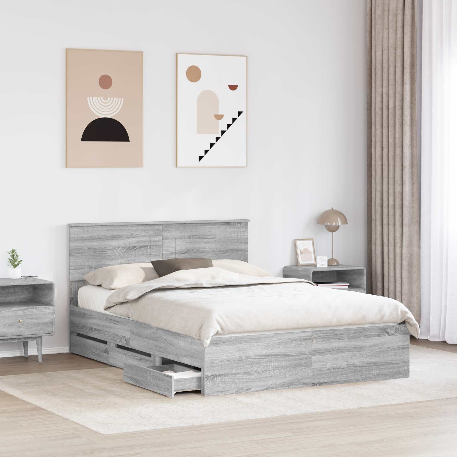 Bedframe met lade Grijs Sonoma 150 x 200 cm Ingenieurshout is nu te koop bij PeponiXL, paradijselijk wonen!