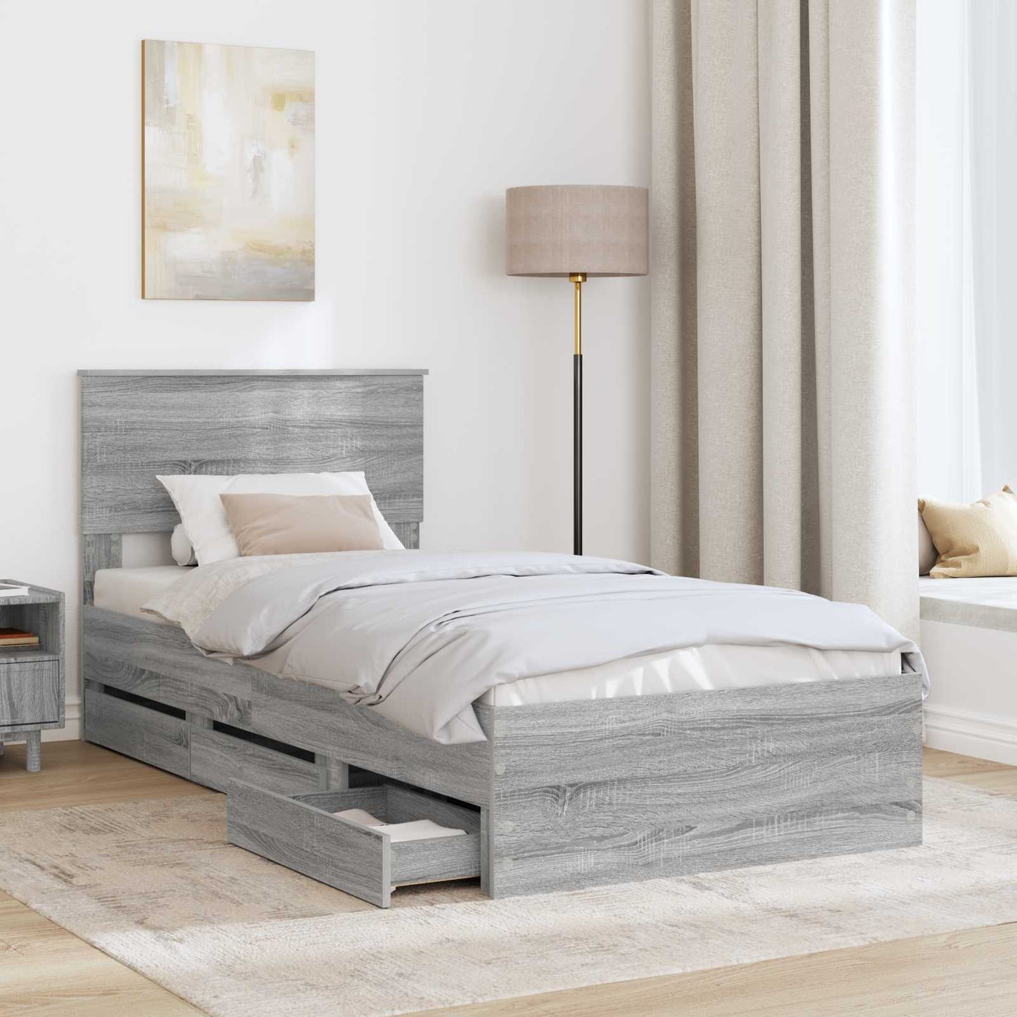 Bedframe met lade Grijs Sonoma 100 x 200 cm Ingenieurshout is nu te koop bij PeponiXL, paradijselijk wonen!