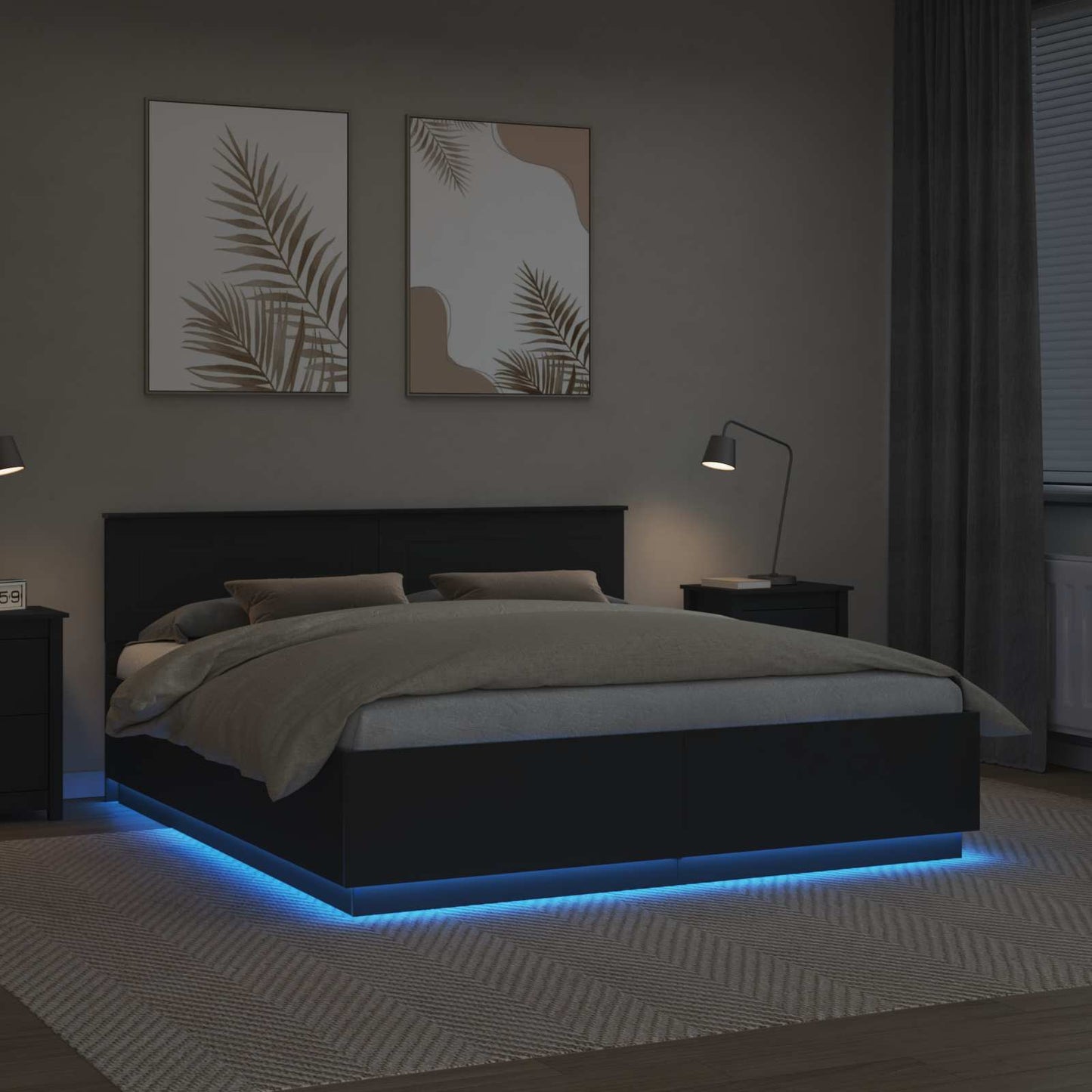 Bedframe met LED-striplichten Zwart 200 x 200 cm Bewerkt hout is nu te koop bij PeponiXL, paradijselijk wonen!