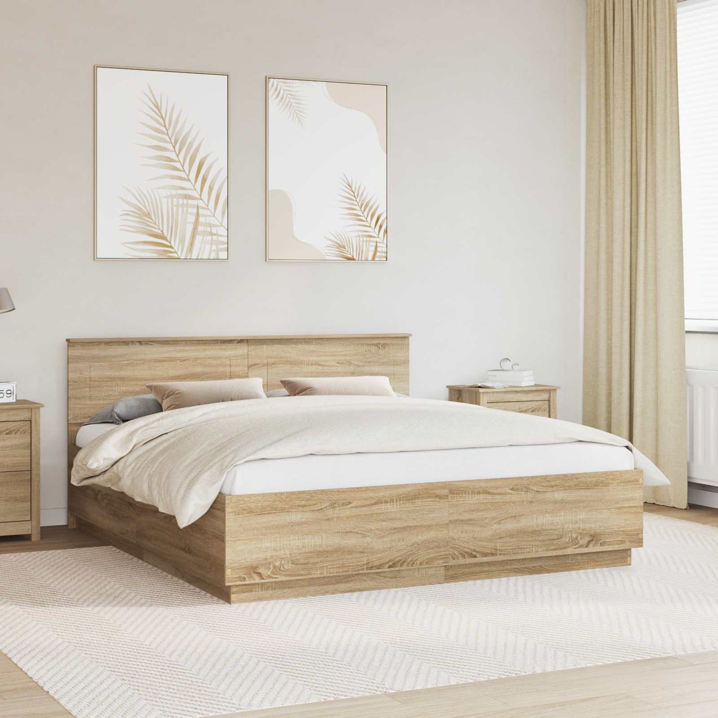 Bedframe met hoofdeinde Sonoma Eiken 200 x 200 cm Bewerkt hout is nu te koop bij PeponiXL, paradijselijk wonen!