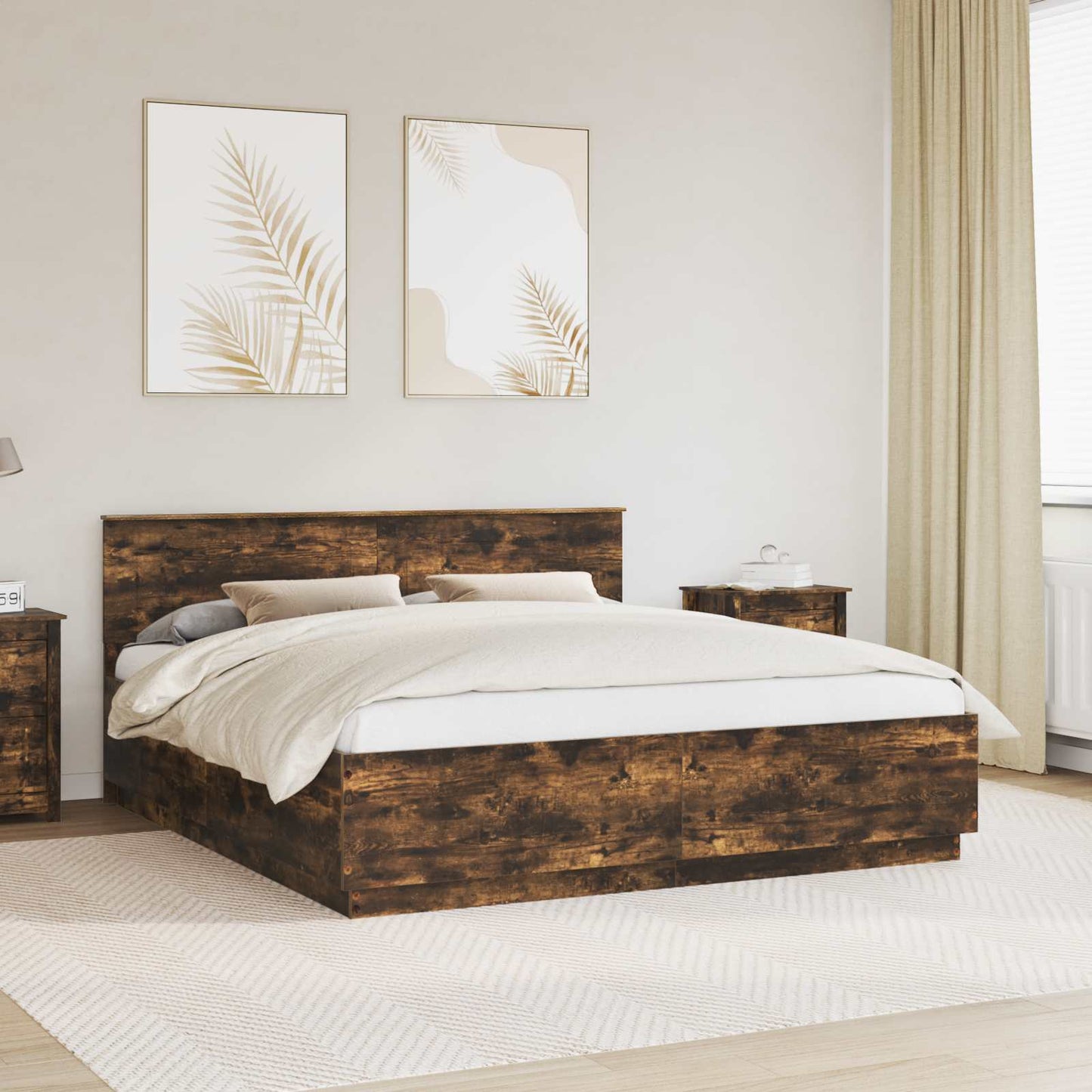 Bedframe met hoofdeinde Gerookt eiken 200 x 200 cm Bewerkt hout is nu te koop bij PeponiXL, paradijselijk wonen!