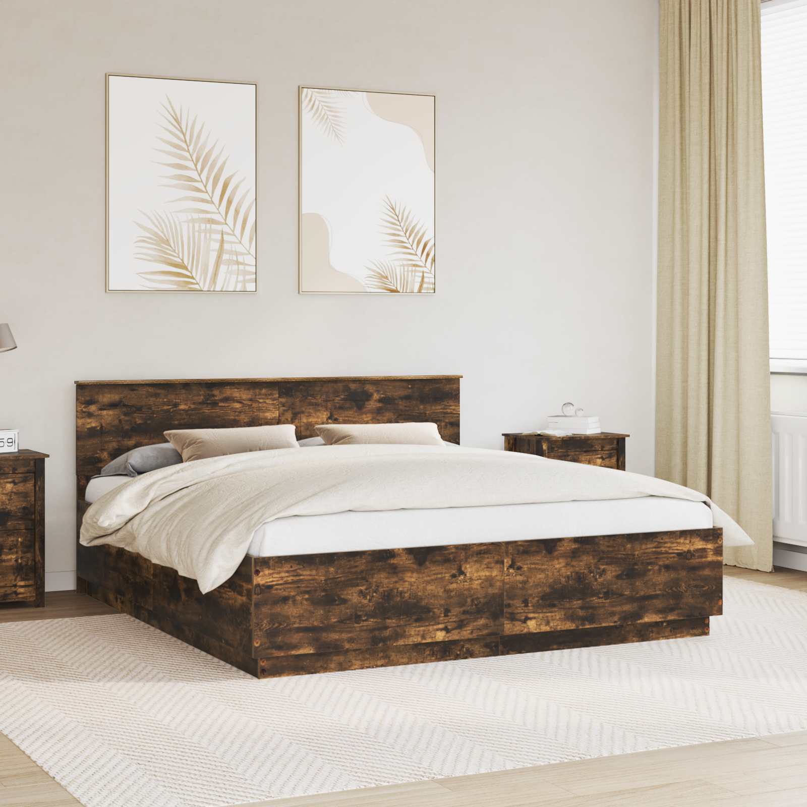 Bedframe met hoofdeinde Gerookt eiken 200 x 200 cm Bewerkt hout is nu te koop bij PeponiXL, paradijselijk wonen!