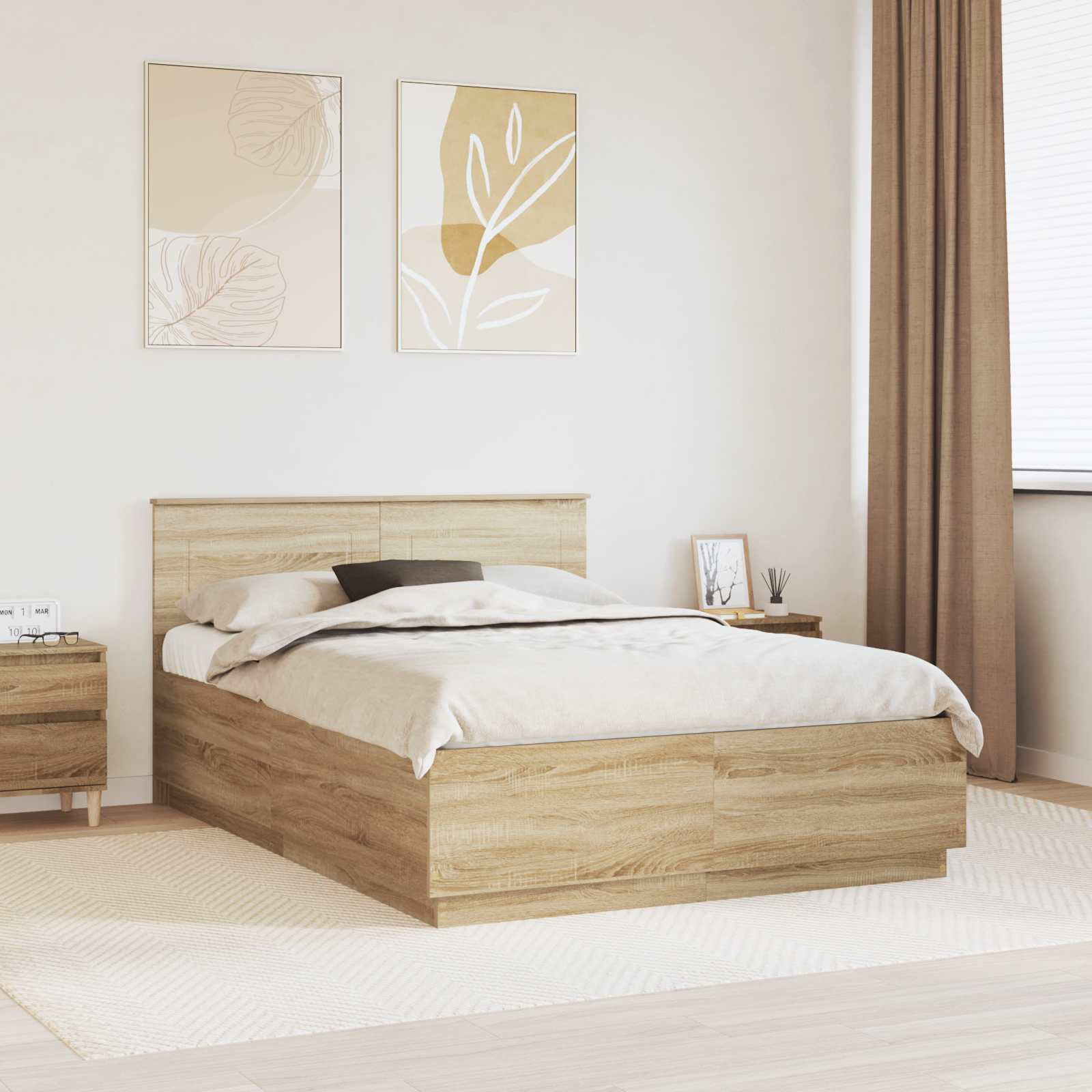 Bedframe met hoofdeinde Sonoma Eiken 150 x 200 cm Bewerkt hout is nu te koop bij PeponiXL, paradijselijk wonen!