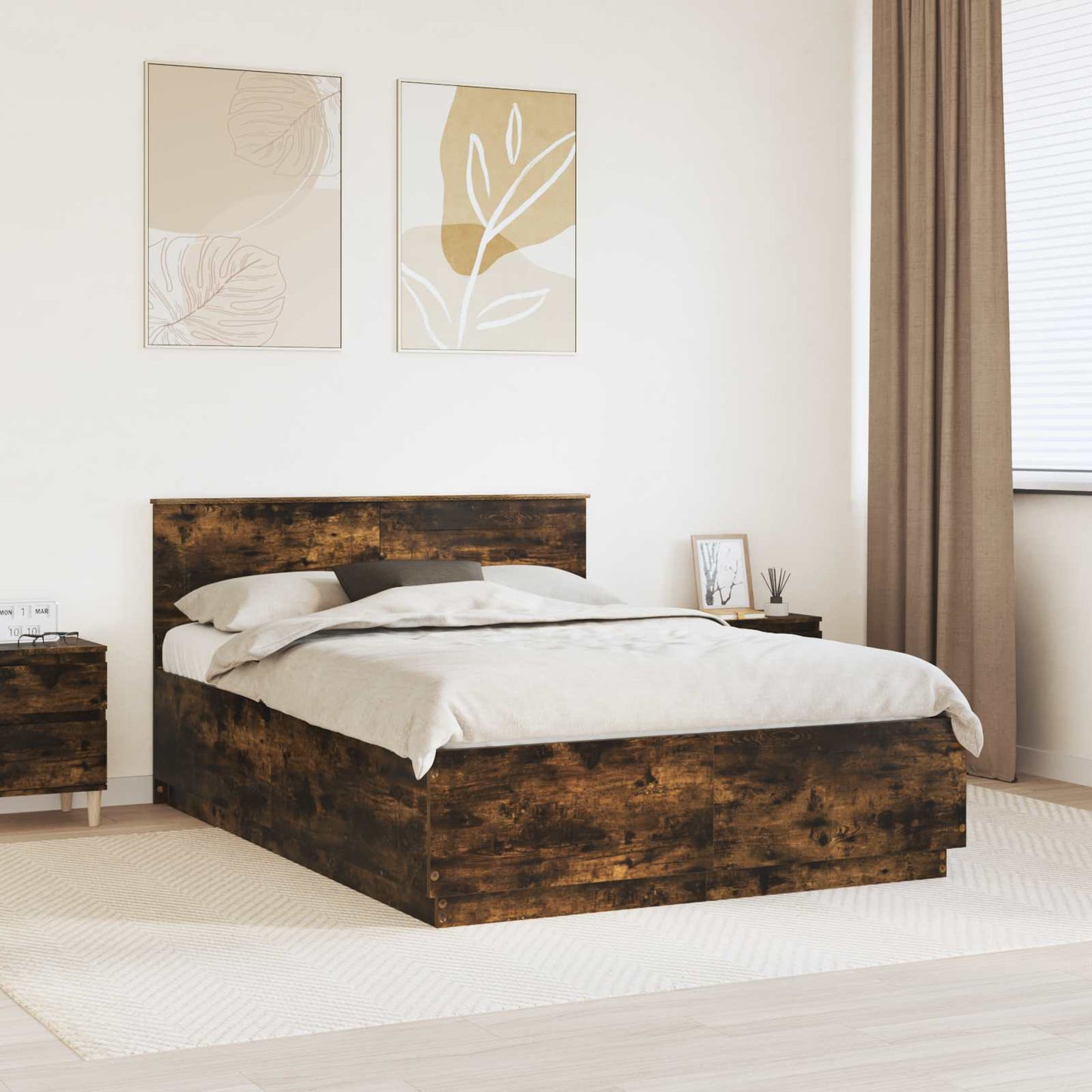 Bedframe met hoofdeinde Gerookt eiken 140 x 190 cm Bewerkt hout is nu te koop bij PeponiXL, paradijselijk wonen!