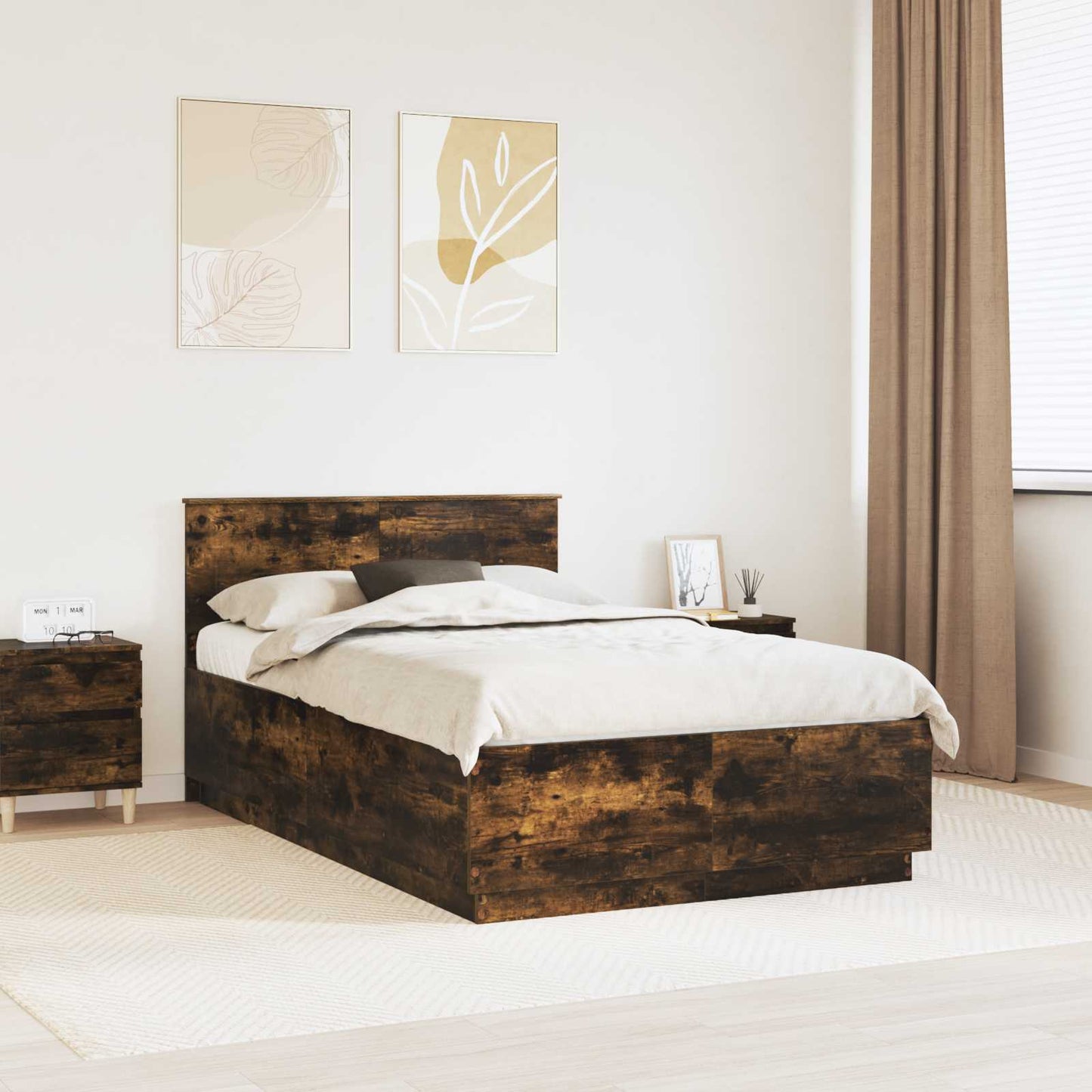 Bedframe met hoofdeinde Gerookt eiken 120 x 200 cm Bewerkt hout is nu te koop bij PeponiXL, paradijselijk wonen!