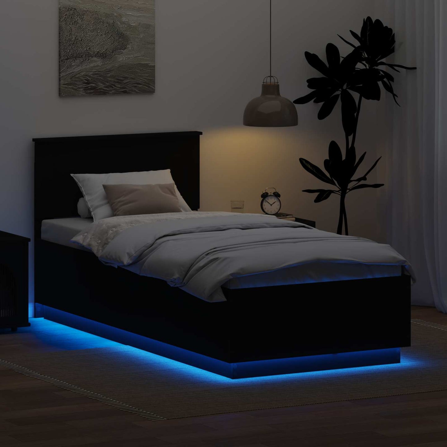 Bedframe met LED-striplichten Zwart 100 x 200 cm Bewerkt hout is nu te koop bij PeponiXL, paradijselijk wonen!