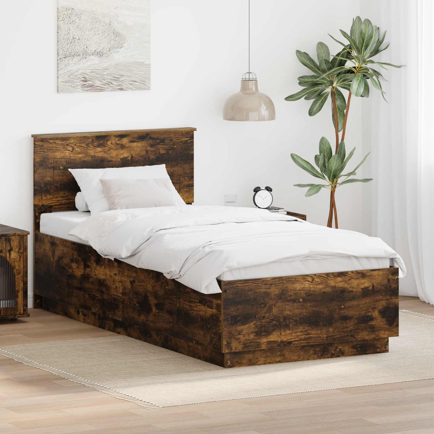 Bedframe met hoofdeinde Gerookt eiken 90 x 200 cm Bewerkt hout is nu te koop bij PeponiXL, paradijselijk wonen!