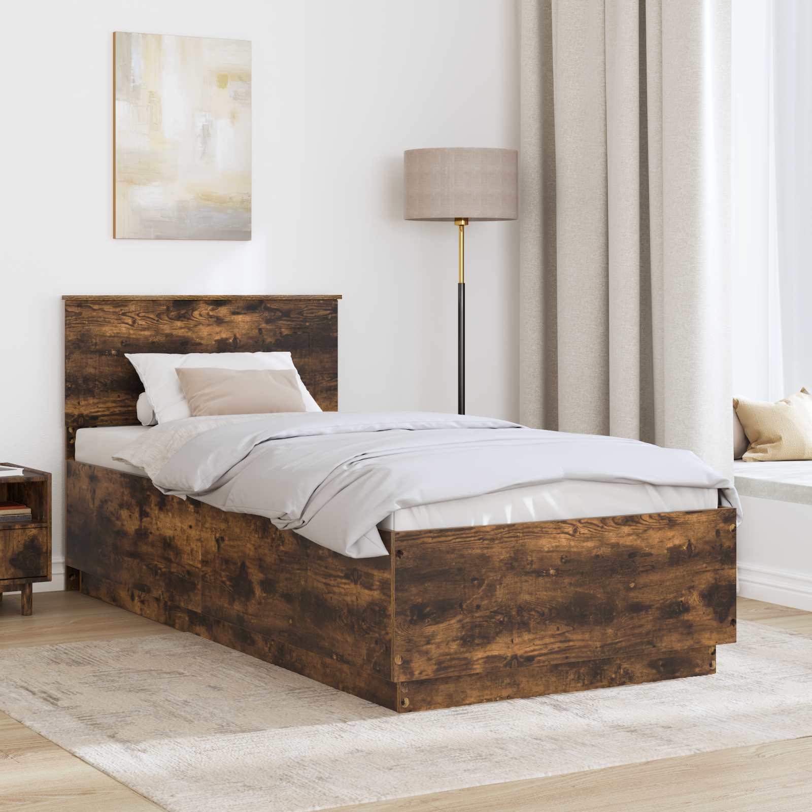 Bedframe met hoofdeinde Gerookt eiken 70 x 190 cm Bewerkt hout is nu te koop bij PeponiXL, paradijselijk wonen!