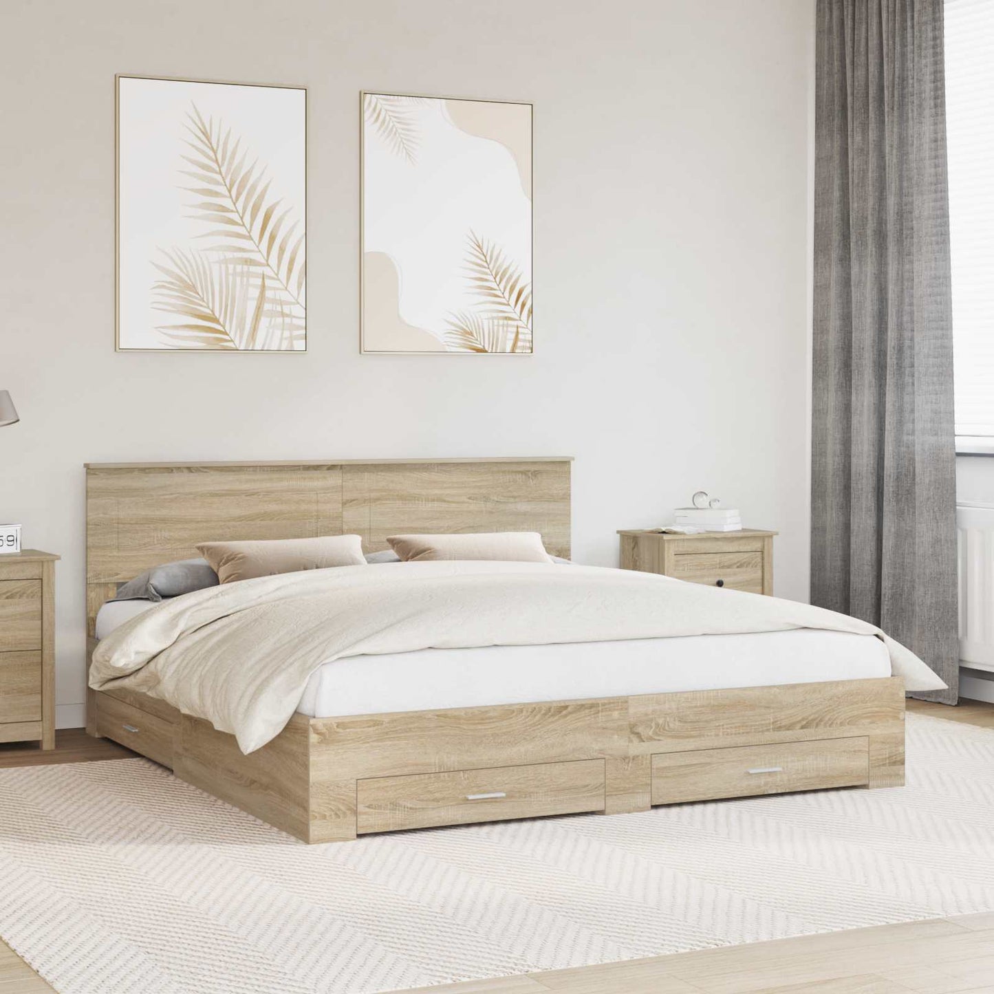 Bedframe met hoofdeinde Sonoma Eiken 200 x 200 cm Bewerkt hout is nu te koop bij PeponiXL, paradijselijk wonen!
