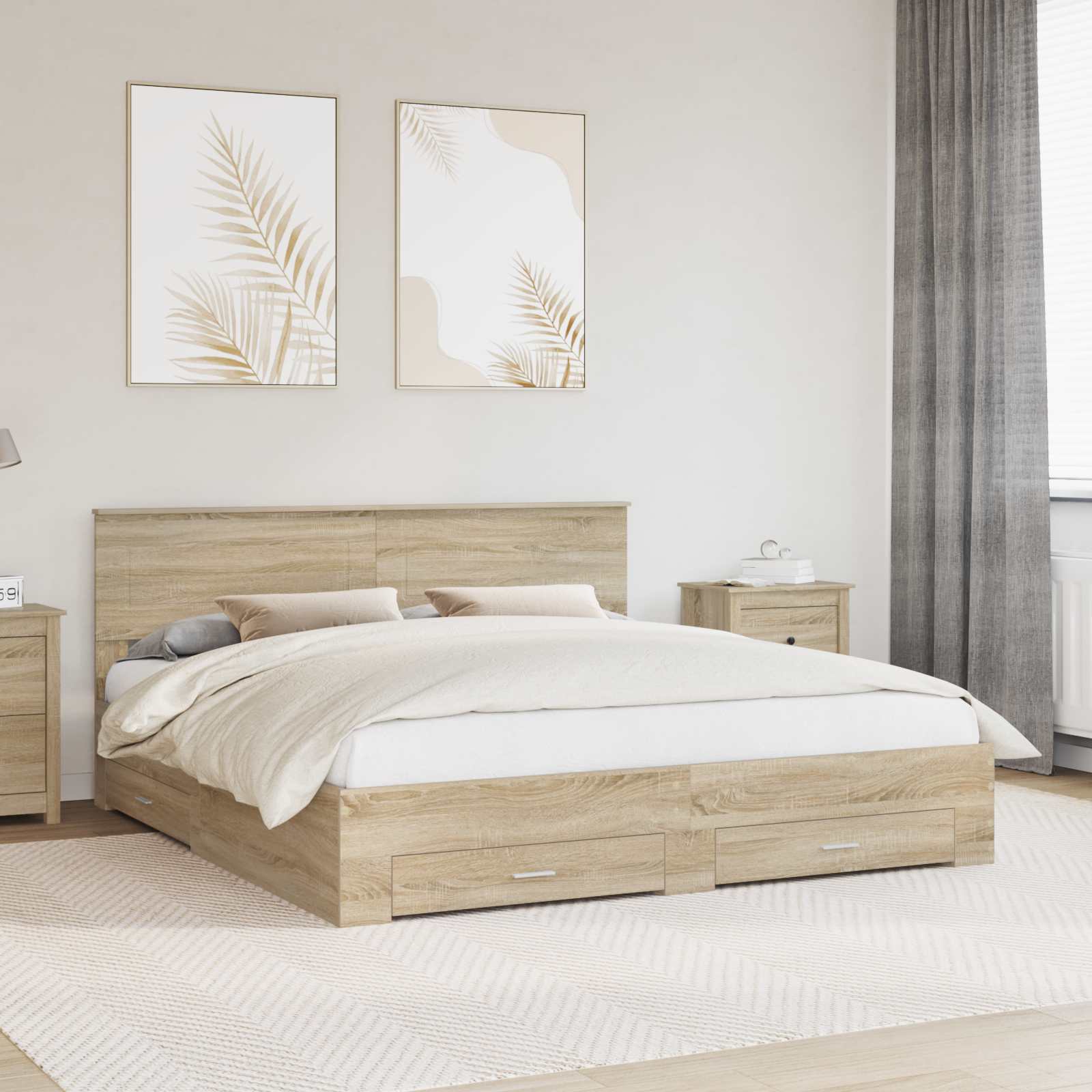 Bedframe met hoofdeinde Sonoma Eiken 200 x 200 cm Bewerkt hout is nu te koop bij PeponiXL, paradijselijk wonen!