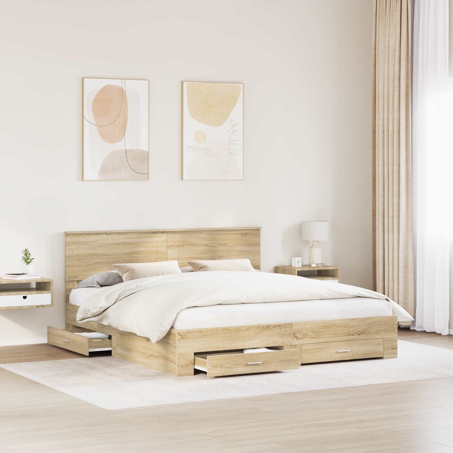 Bedframe met hoofdeinde Sonoma Eiken 200 x 200 cm Bewerkt hout is nu te koop bij PeponiXL, paradijselijk wonen!