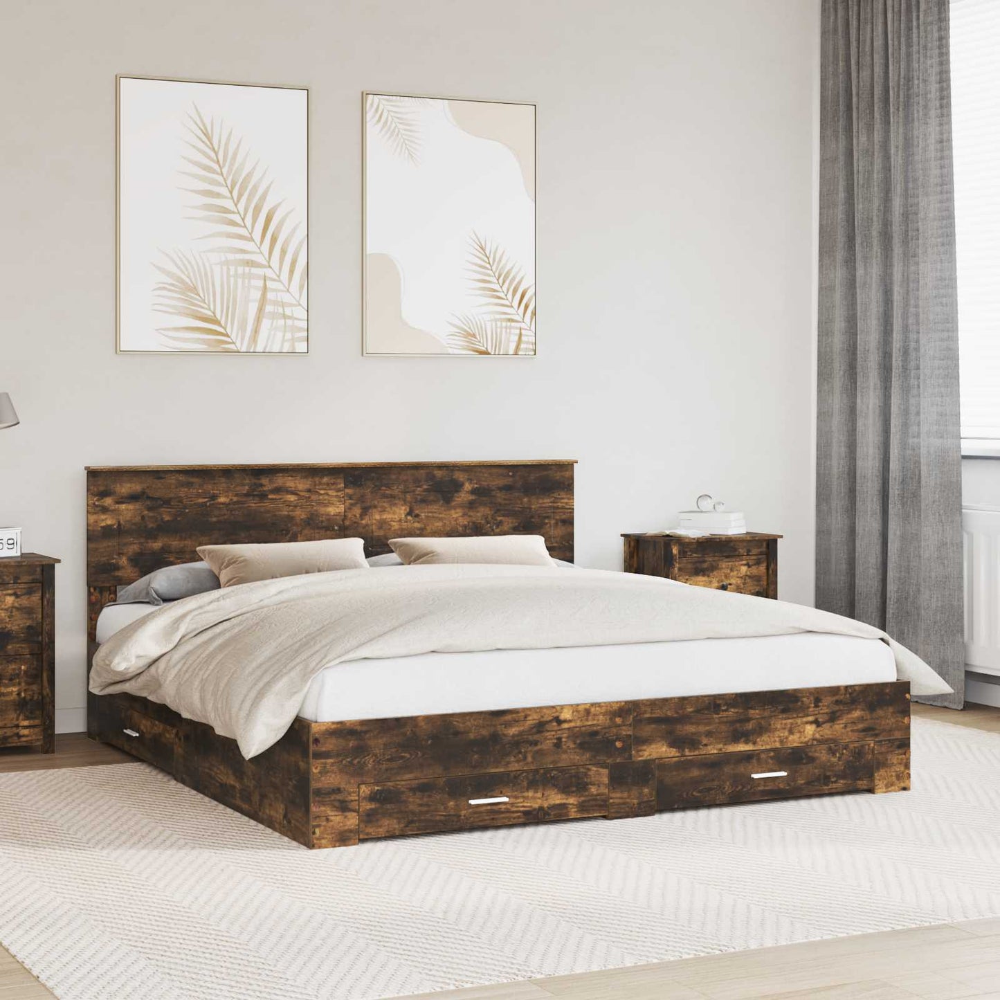 Bedframe met hoofdeinde Gerookt eiken 200 x 200 cm Bewerkt hout is nu te koop bij PeponiXL, paradijselijk wonen!