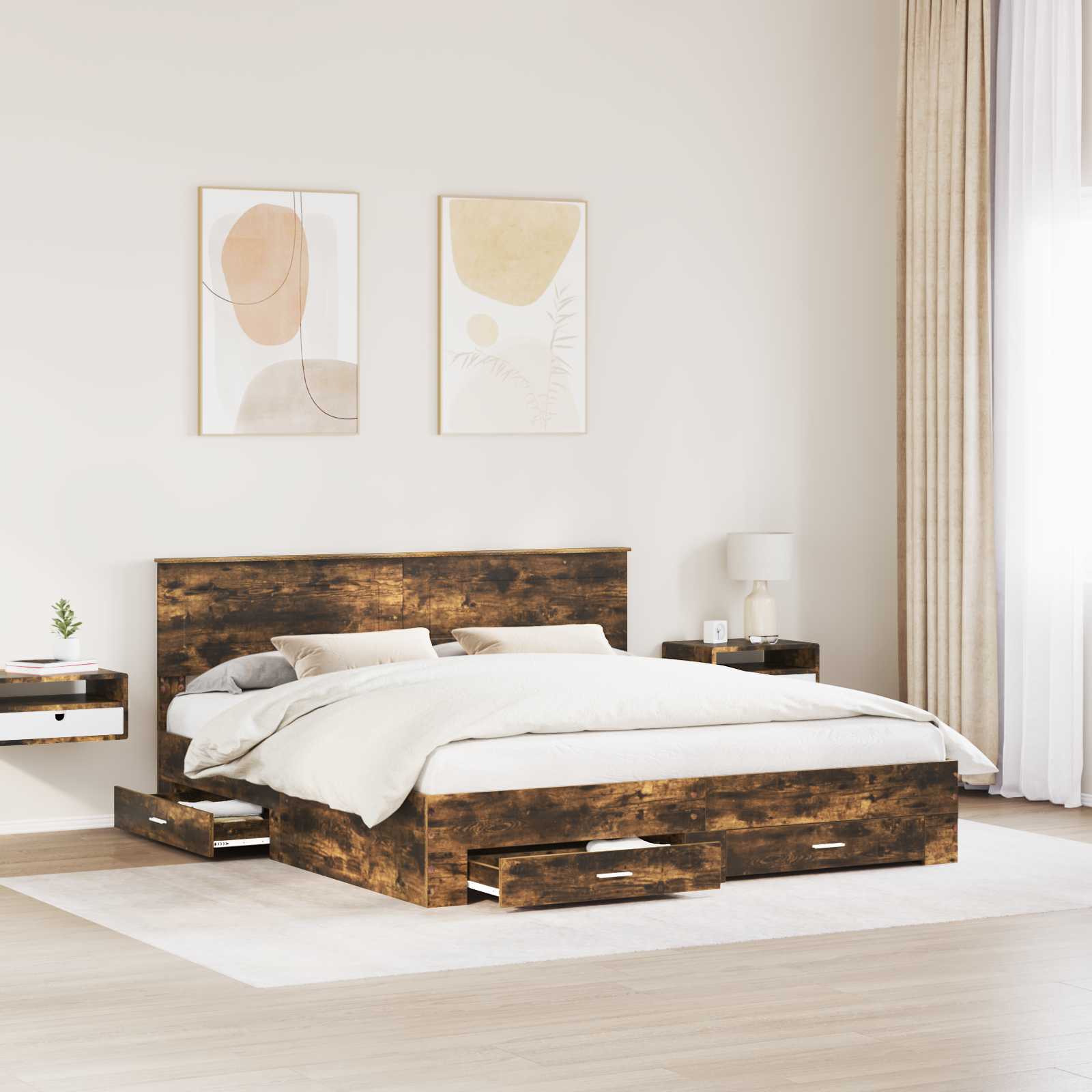 Bedframe met hoofdeinde Gerookt eiken 200 x 200 cm Bewerkt hout is nu te koop bij PeponiXL, paradijselijk wonen!
