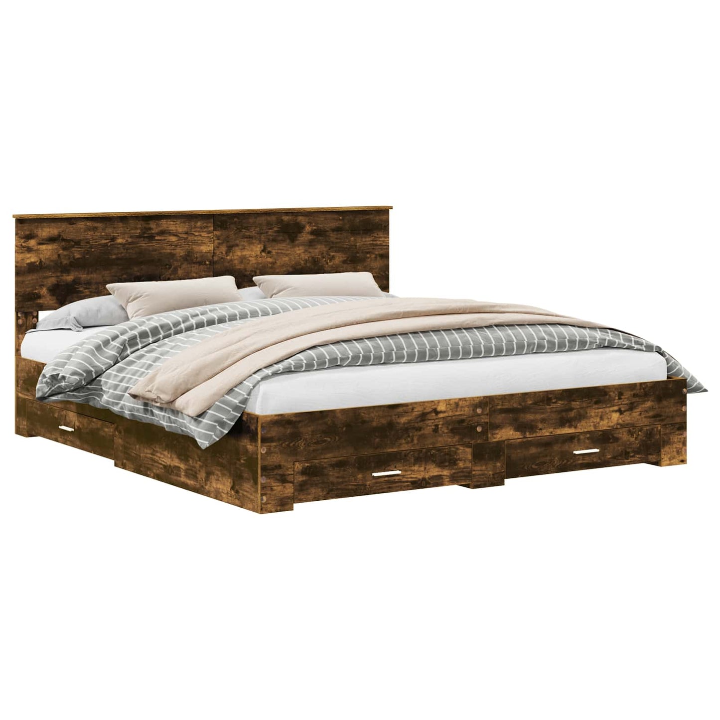 Bedframe met hoofdeinde Gerookt eiken 200 x 200 cm Bewerkt hout is nu te koop bij PeponiXL, paradijselijk wonen!