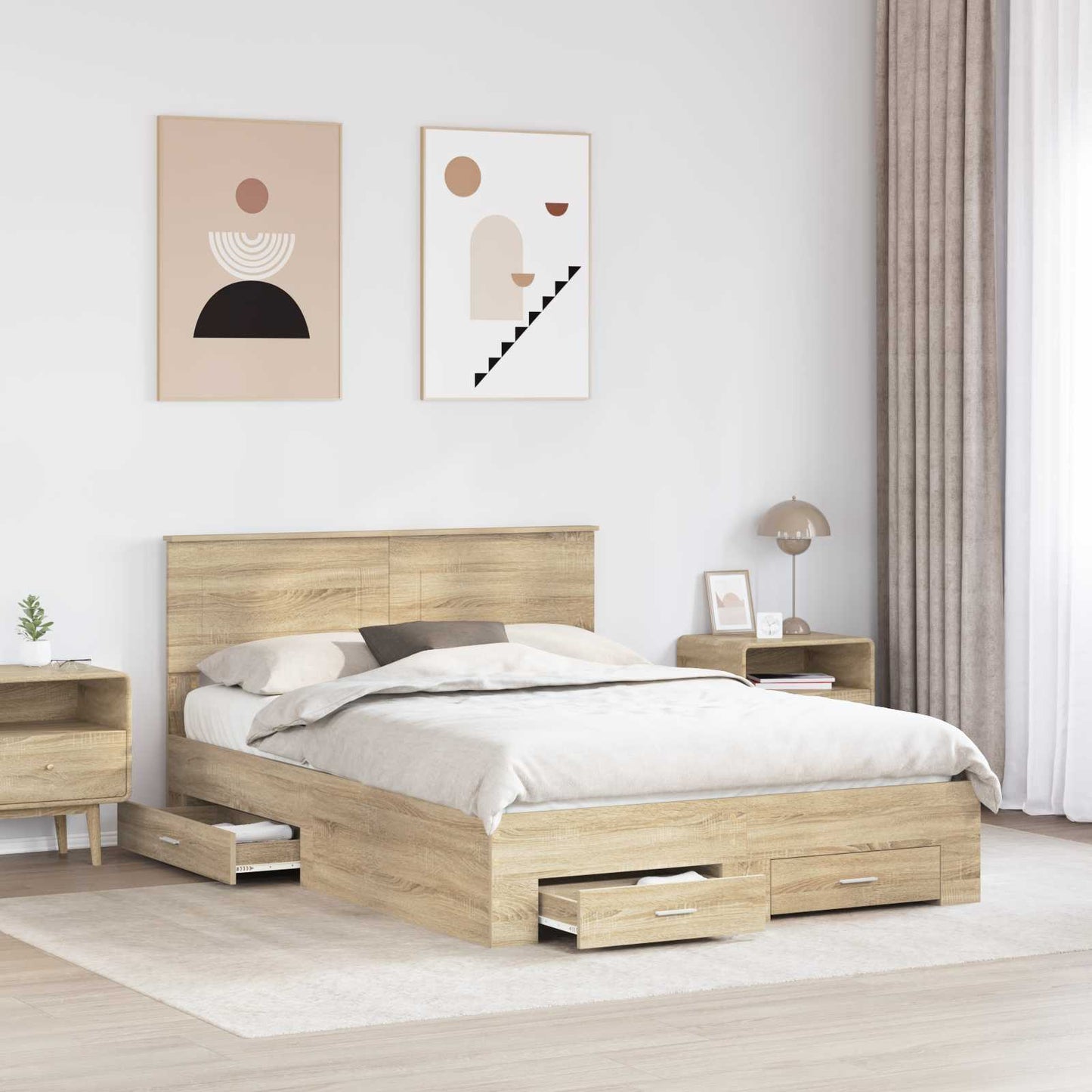 Bedframe met hoofdeinde Sonoma Eiken 150 x 200 cm Bewerkt hout is nu te koop bij PeponiXL, paradijselijk wonen!