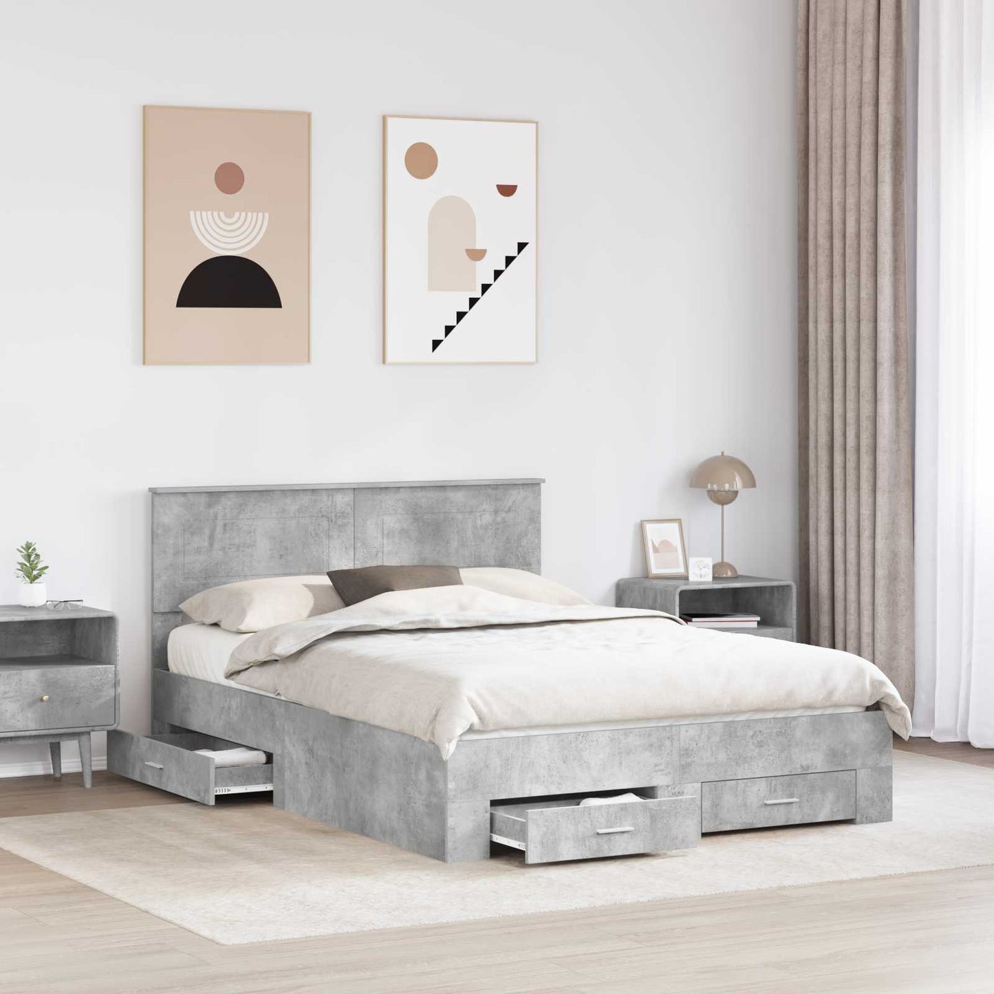 Bedframe met hoofdeinde Beton Grijs 150 x 200 cm Bewerkt hout is nu te koop bij PeponiXL, paradijselijk wonen!