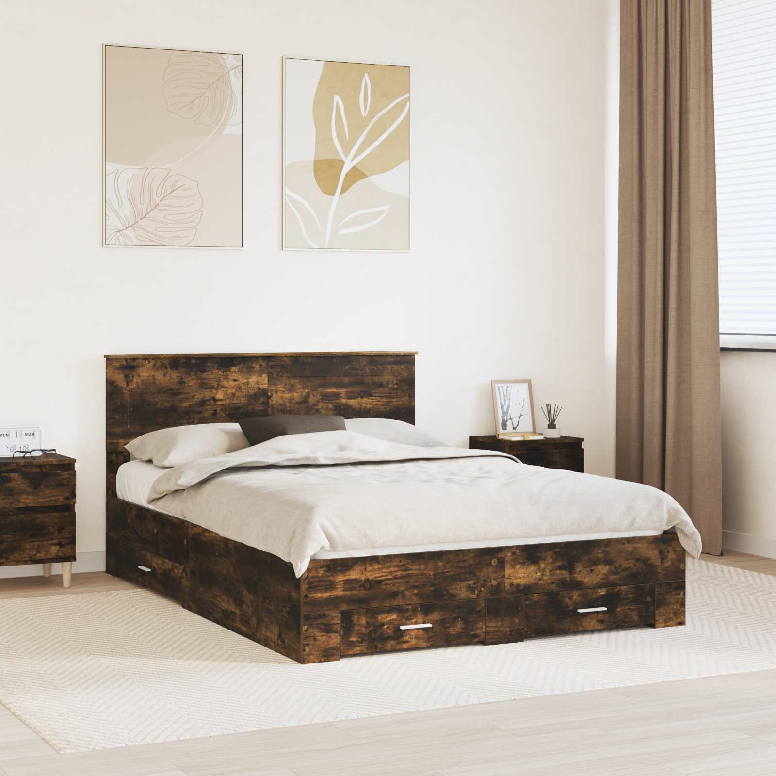 Bedframe met hoofdeinde Gerookt eiken 140 x 200 cm Bewerkt hout is nu te koop bij PeponiXL, paradijselijk wonen!