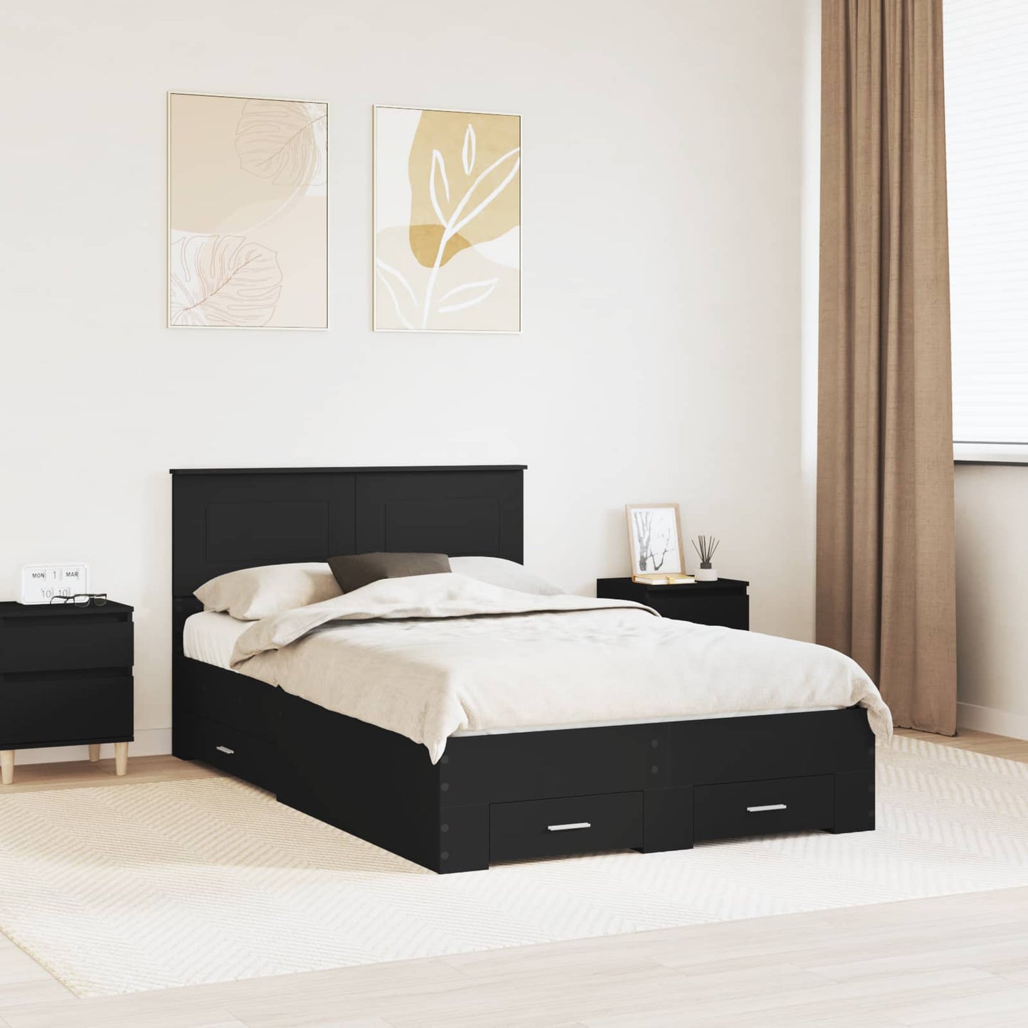 Bedframe met hoofdeinde Zwart 135 x 190 cm Bewerkt hout is nu te koop bij PeponiXL, paradijselijk wonen!