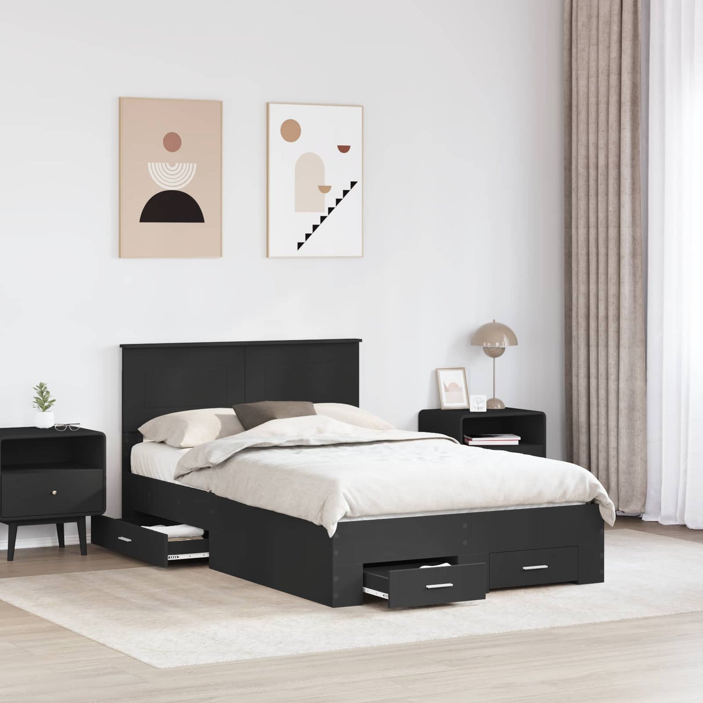 Bedframe met hoofdeinde Zwart 135 x 190 cm Bewerkt hout is nu te koop bij PeponiXL, paradijselijk wonen!